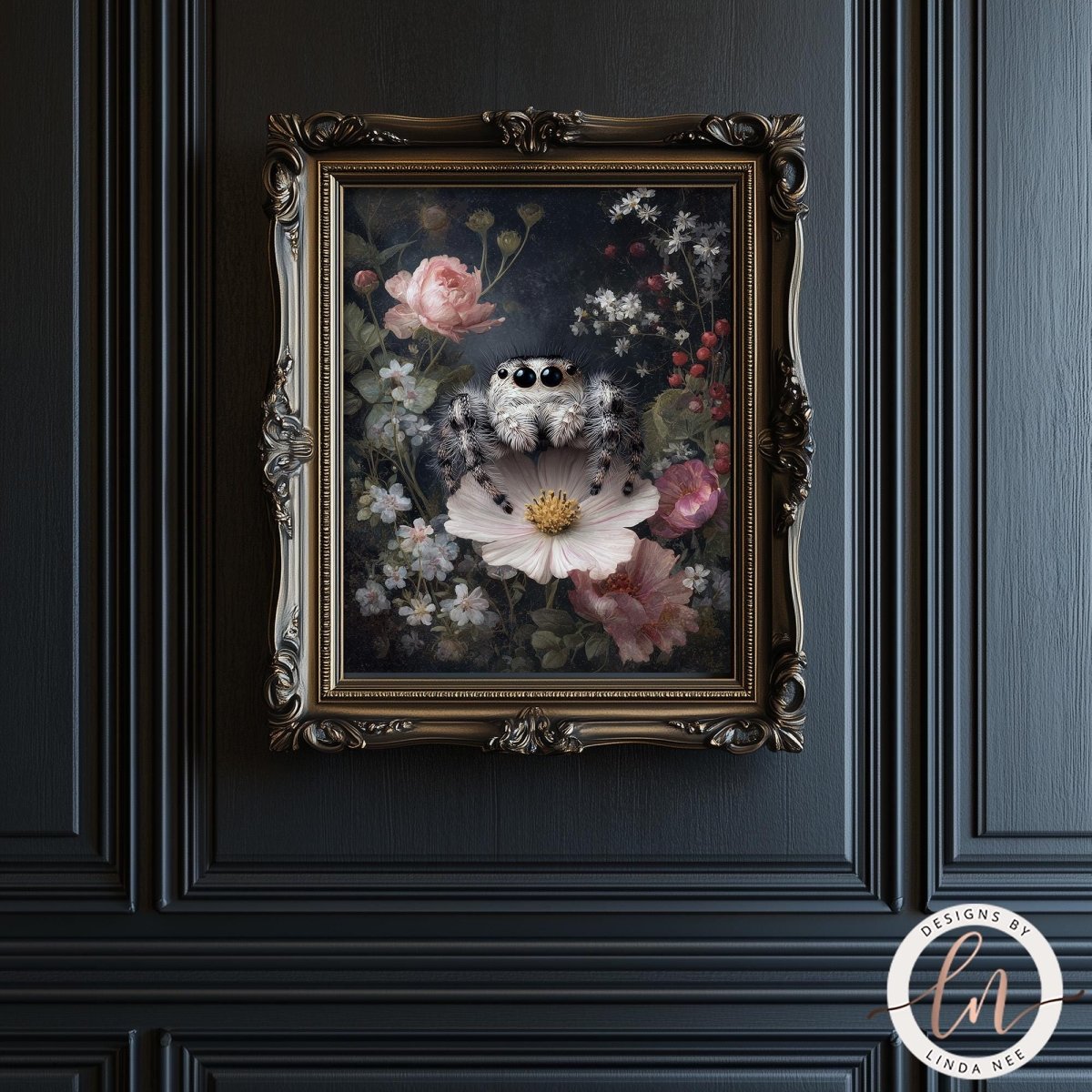 a painting of a spider sitting on a flower, surrounded by a lush floral background.