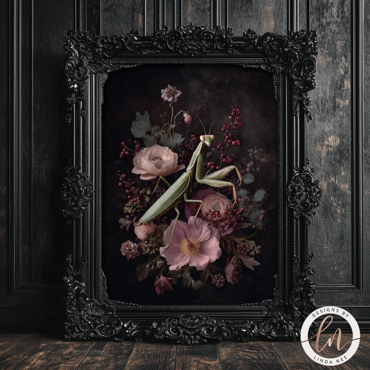 a framed painting of a mantis surrounded by a floral arrangement, including pink and purple flowers, against a dark background.