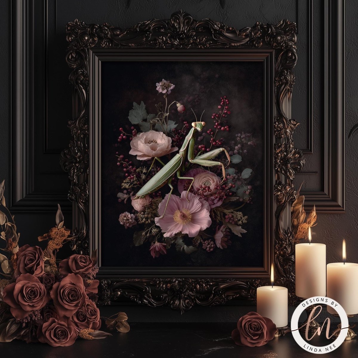 a framed painting of a mantis surrounded by a floral arrangement, with candles and roses in the foreground.