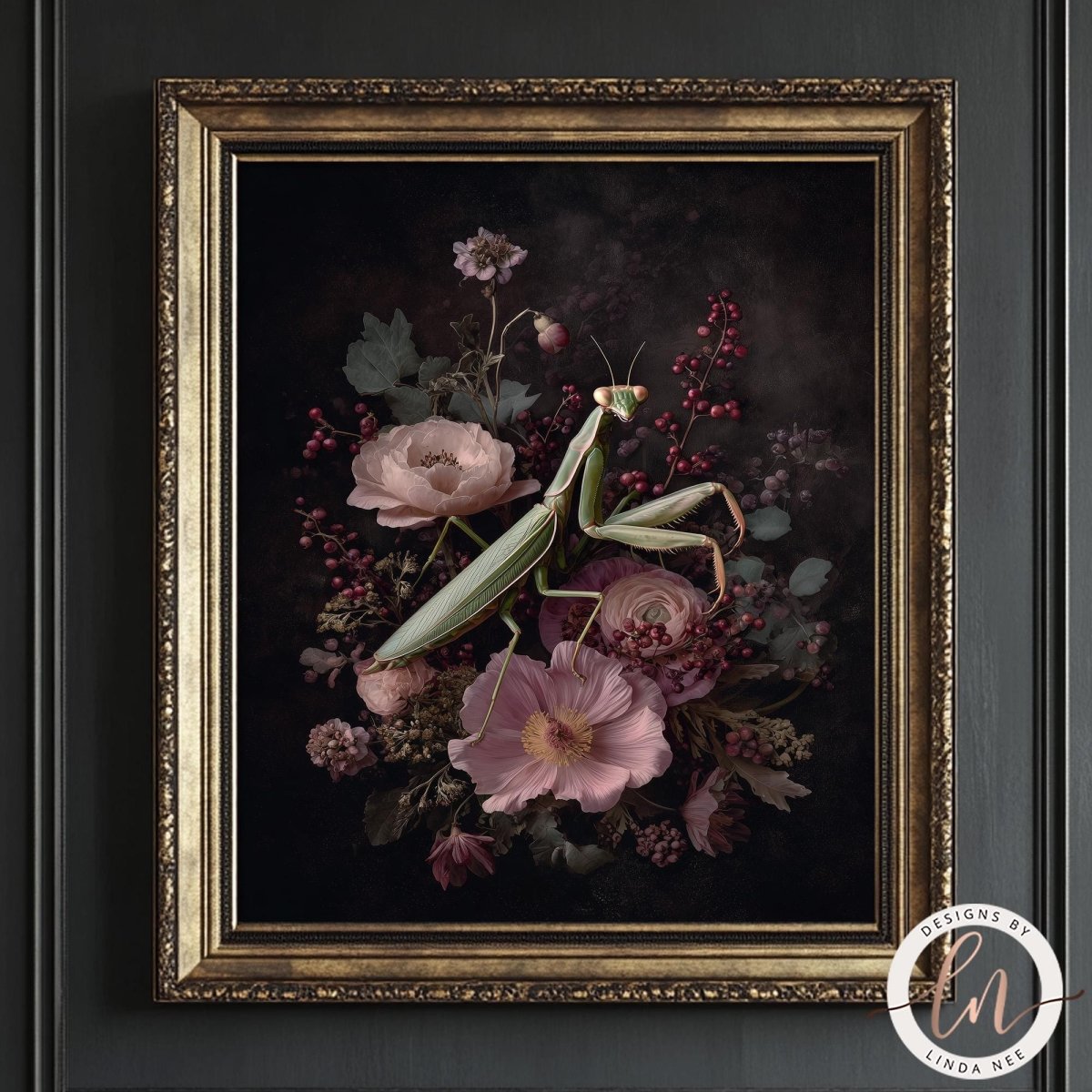 A framed painting depicting a green praying mantis surrounded by a variety of colorful flowers, including pink peonies and purple irises.