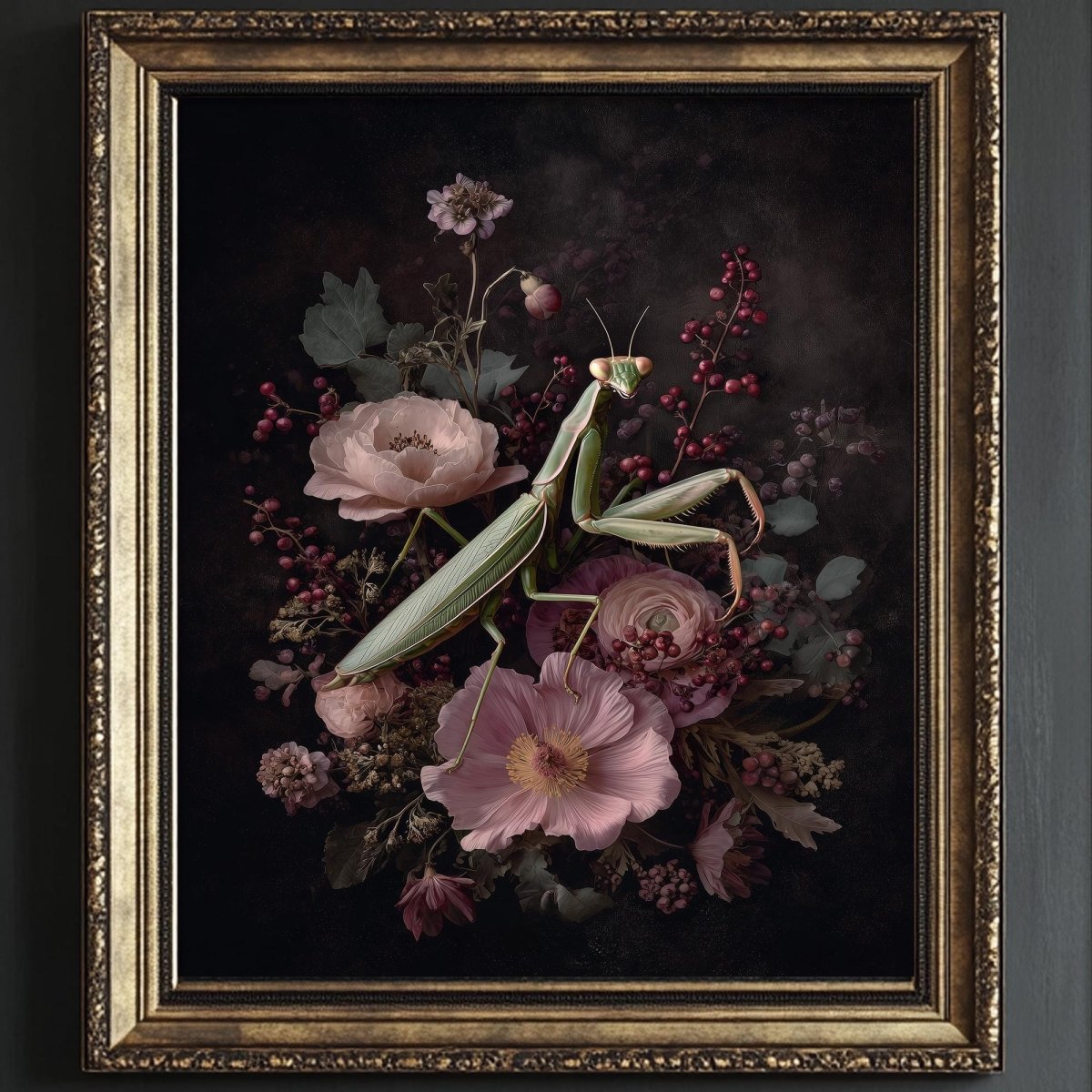 A framed painting depicting a mantis surrounded by a variety of flowers, including pink peonies, red berries, and other blooms.