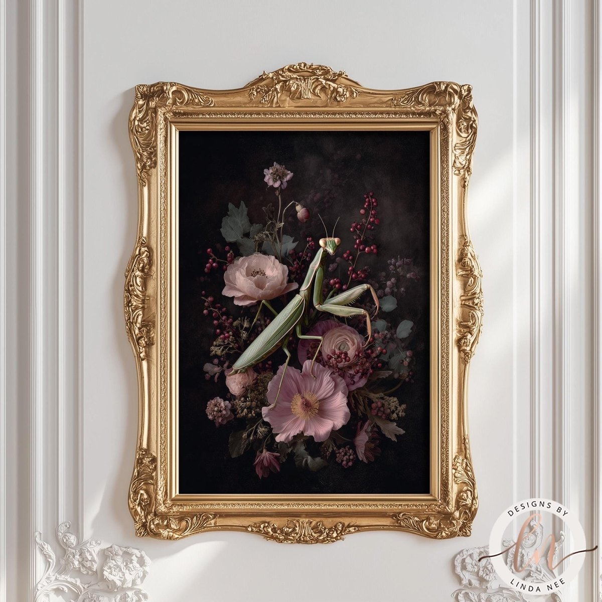 a framed painting of a mantis surrounded by a floral arrangement, including pink and purple flowers, against a dark background.