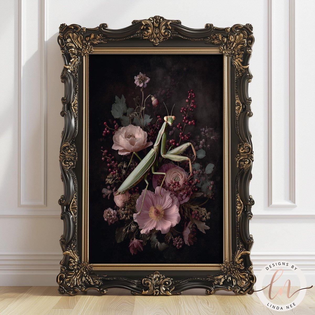 a framed painting of a mantis surrounded by a floral arrangement, including pink and purple flowers, against a dark background.