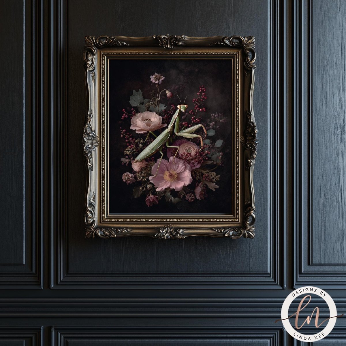 a framed painting of a mantis surrounded by flowers, displayed on a dark wall.