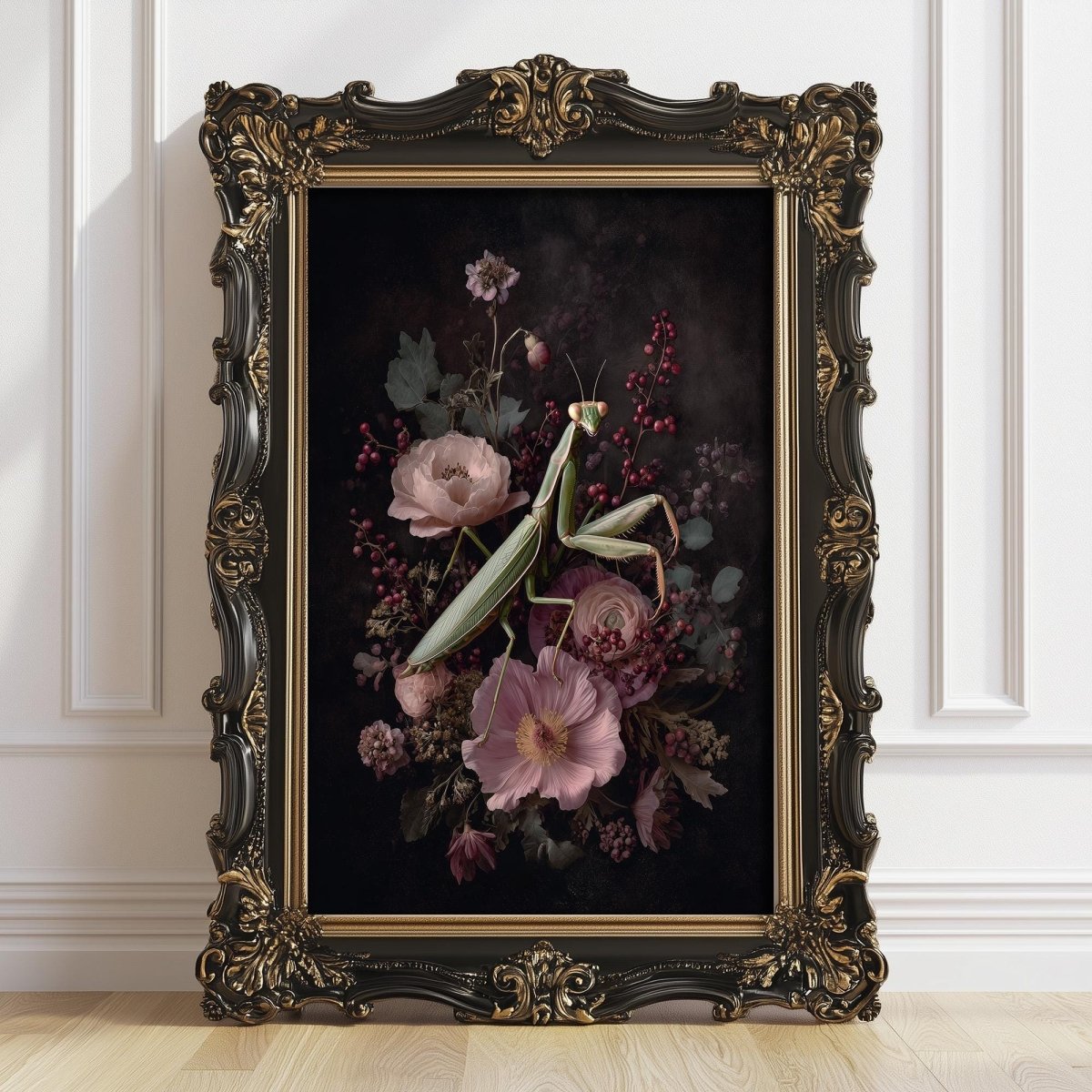 a framed painting of a mantis surrounded by a floral arrangement.