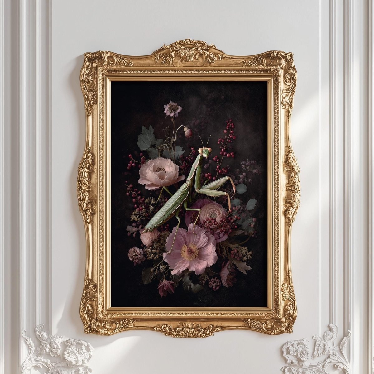 a gold-framed painting of a mantis surrounded by a floral arrangement.