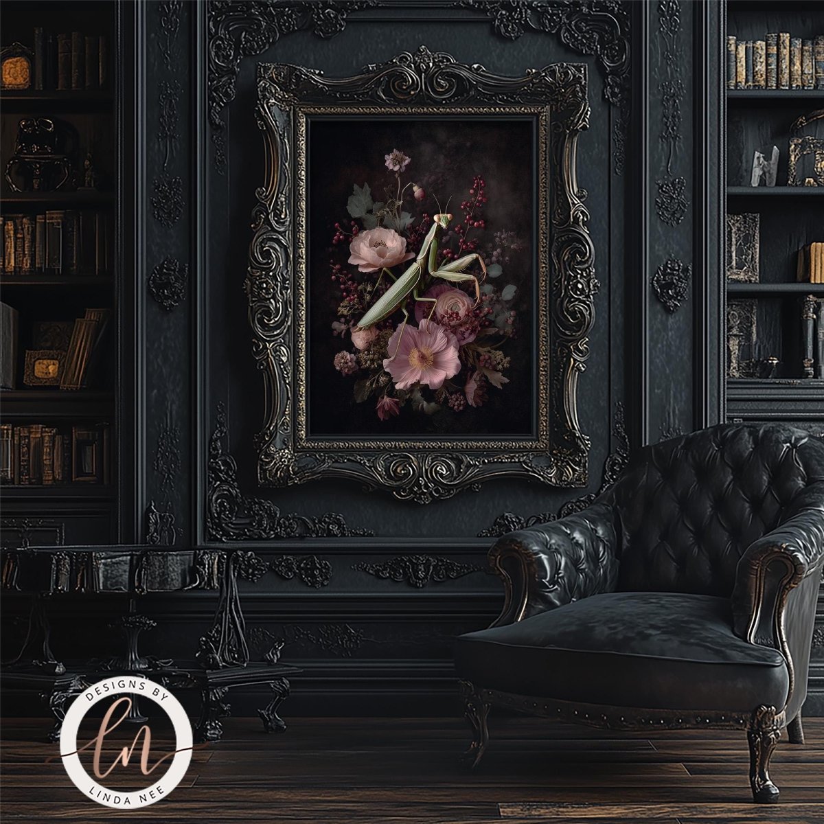 a dark, ornate room with a large, ornate painting of pink flowers hanging on the wall. In front of the painting, there is a black leather armchair. The room also contains a bookshelf filled with books and a table with a lamp.
