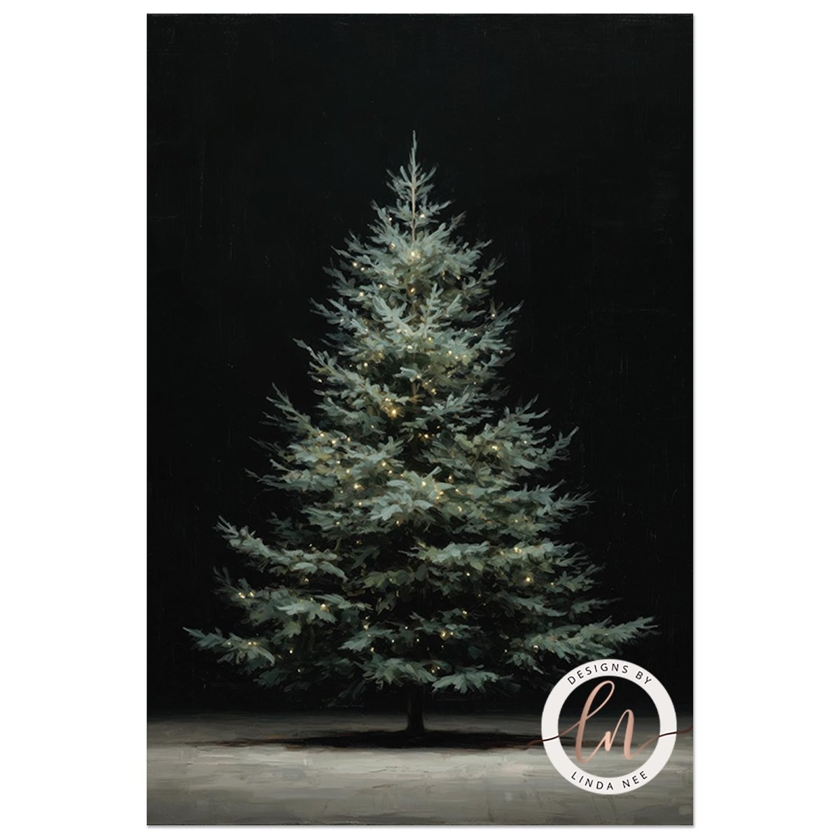 A large, lit Christmas tree stands in a dark room, its branches adorned with twinkling lights.