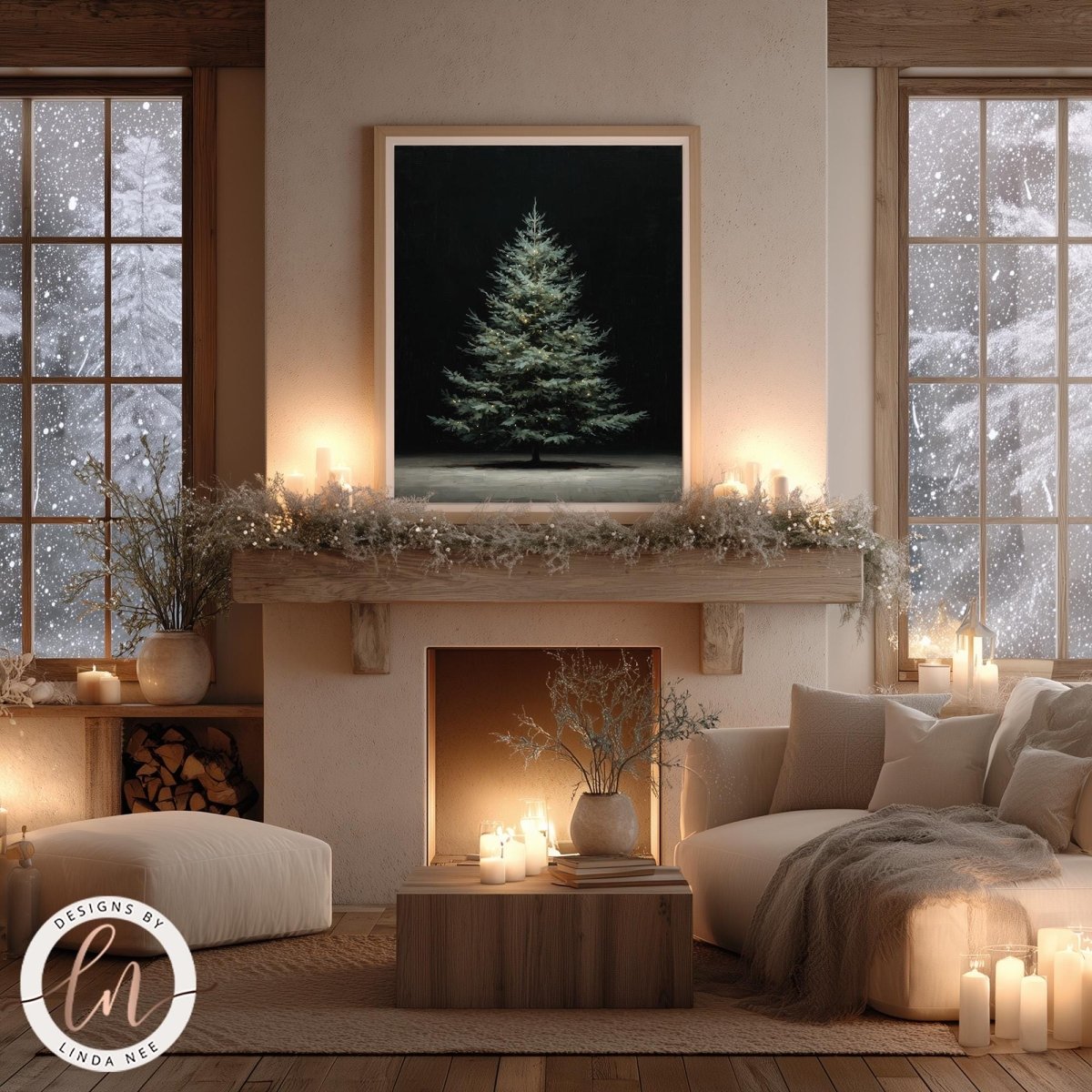 a cozy and warm living room with a fireplace, a large framed picture of a Christmas tree, and various decorative elements such as candles, plants, and a wooden coffee table.