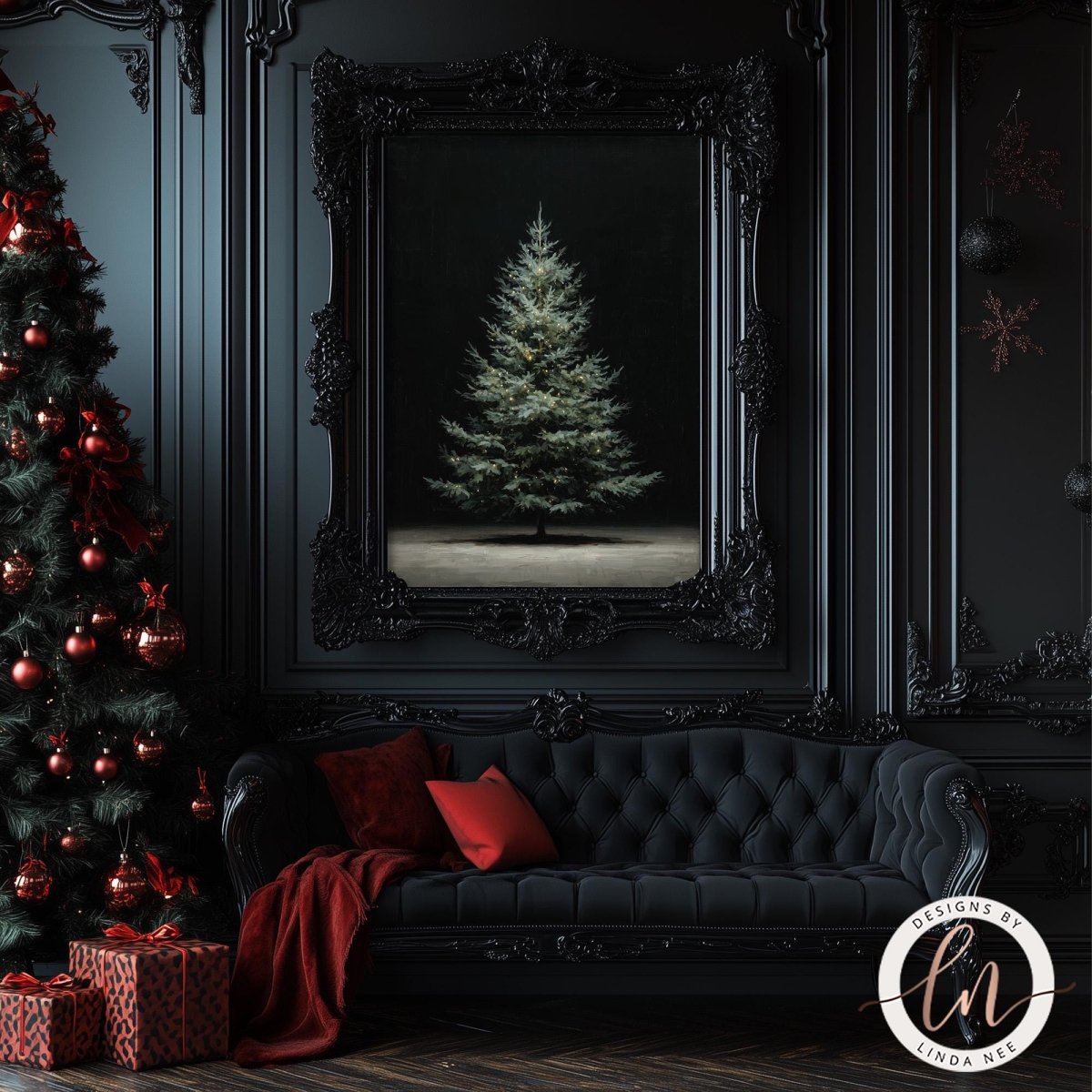 a dark, elegant room with a large, ornate black frame surrounding a painting of a Christmas tree. The room has a tufted black sofa, red throw pillows, and a Christmas tree decorated with red and gold ornaments.