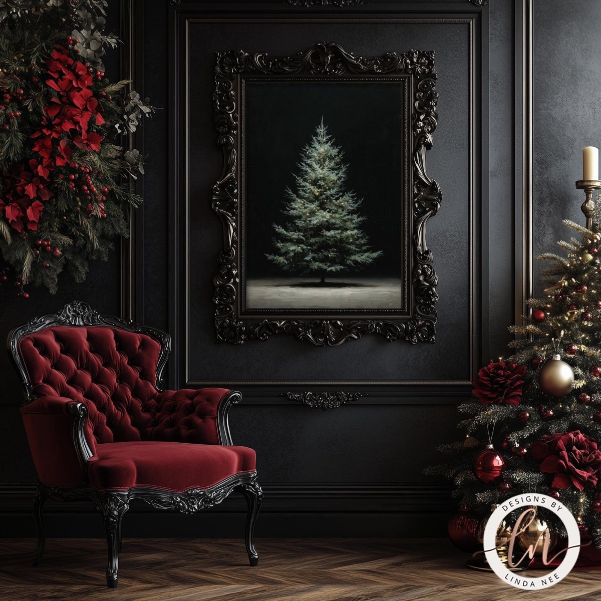 a luxurious living room with a large, ornate red velvet chair, a Christmas tree with red and gold ornaments, and a framed painting of a Christmas tree on the wall.