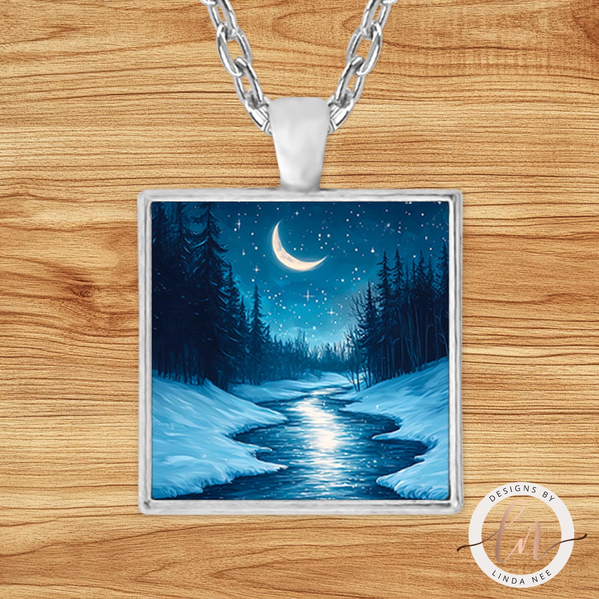 Moon Winter Night Pendant - River & Moon Phases Jewelry