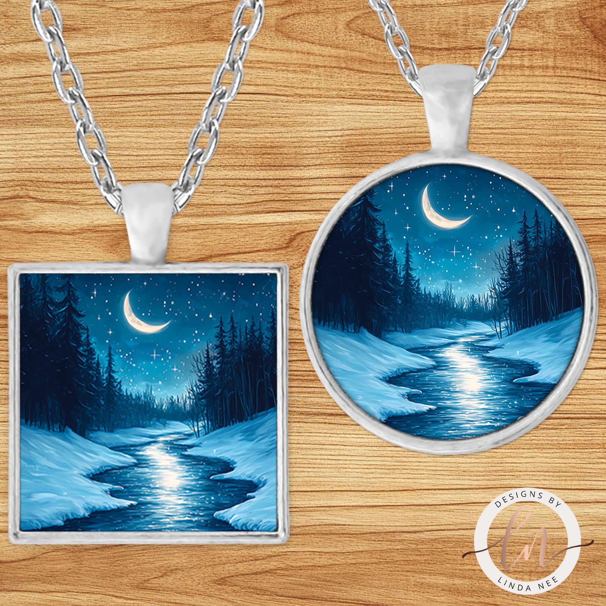 Moon Winter Night Pendant - River & Moon Phases Jewelry