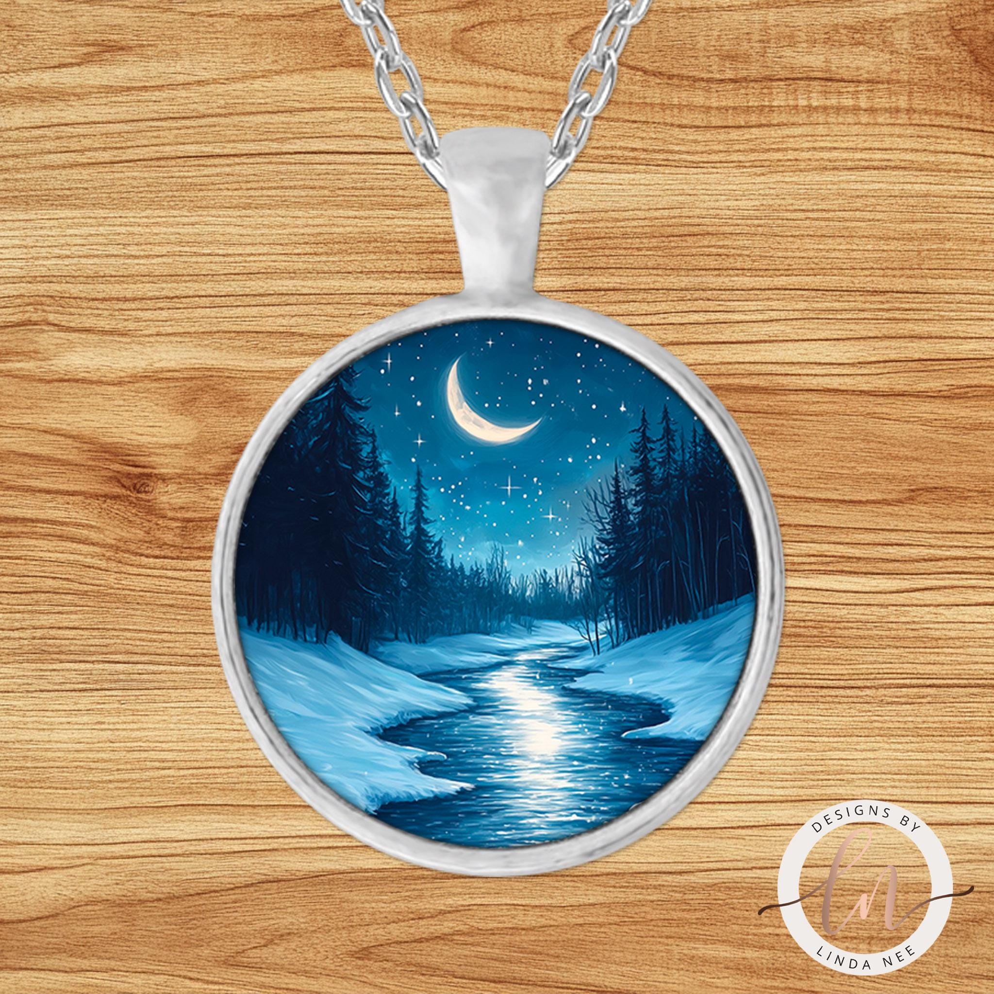 Moon Winter Night Pendant - River & Moon Phases Jewelry