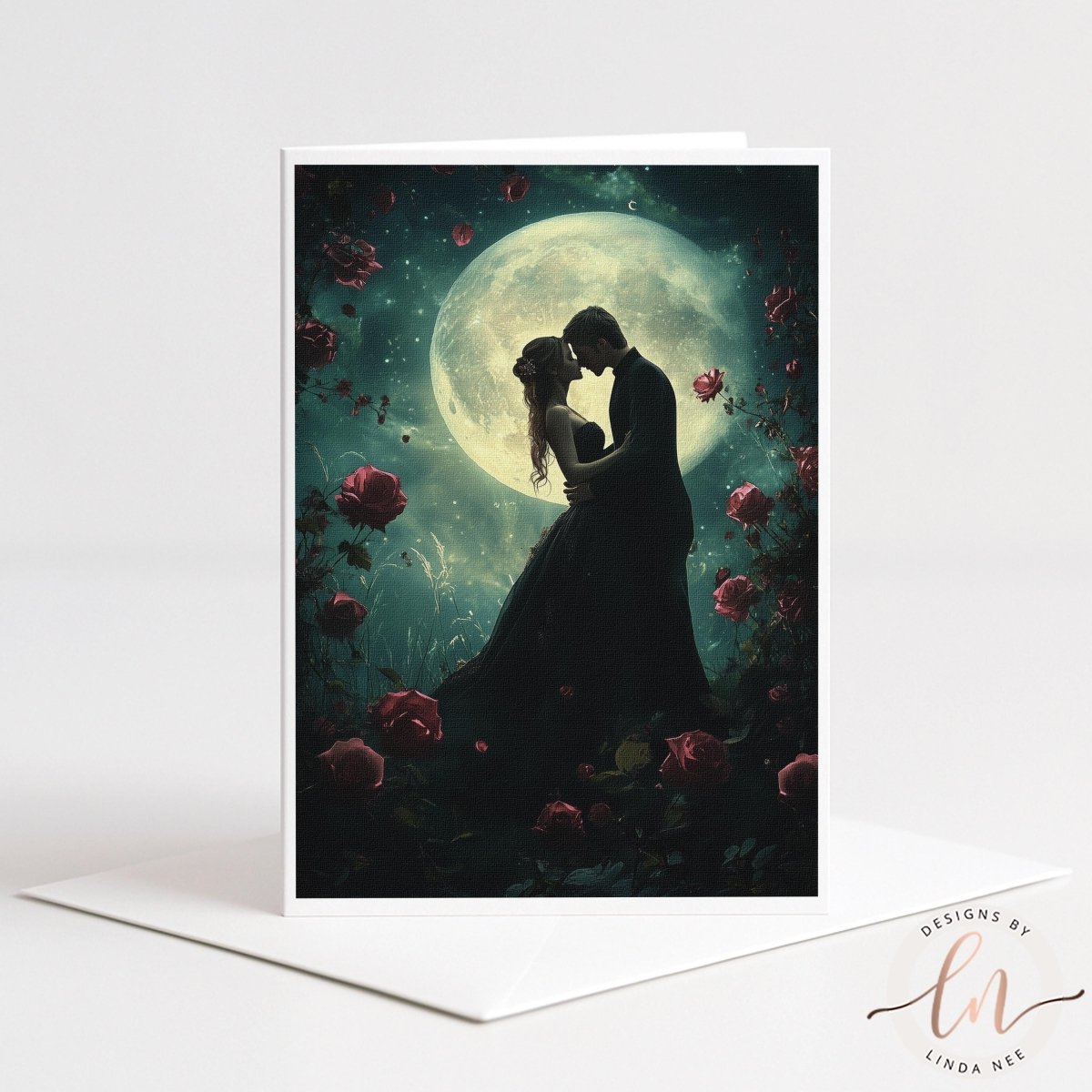 A romantic couple embracing under a full moon, surrounded by a garden filled with red roses.