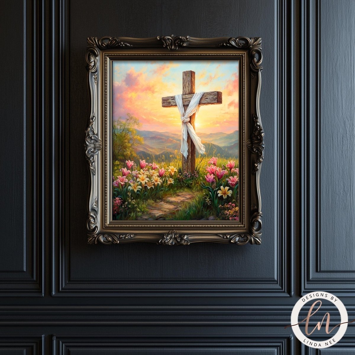 a painting of a cross surrounded by flowers and a path, hanging on a dark wall.