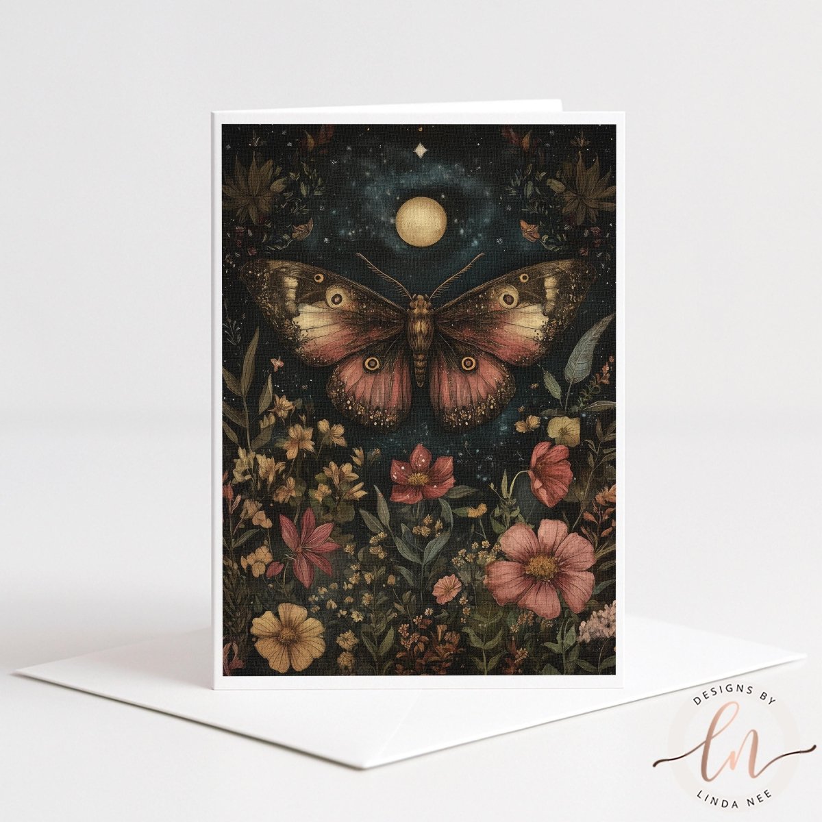 The image is a vibrant and detailed illustration of a butterfly surrounded by a lush garden filled with colorful flowers and plants.