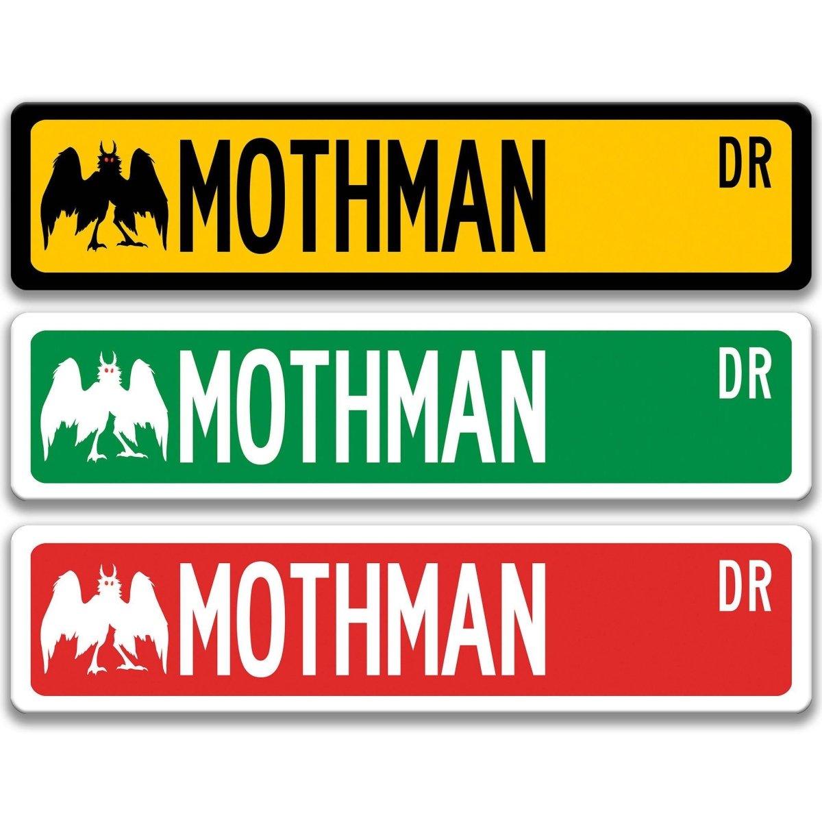 Mothman street name sign shown in three aluminum color options, alternate layout