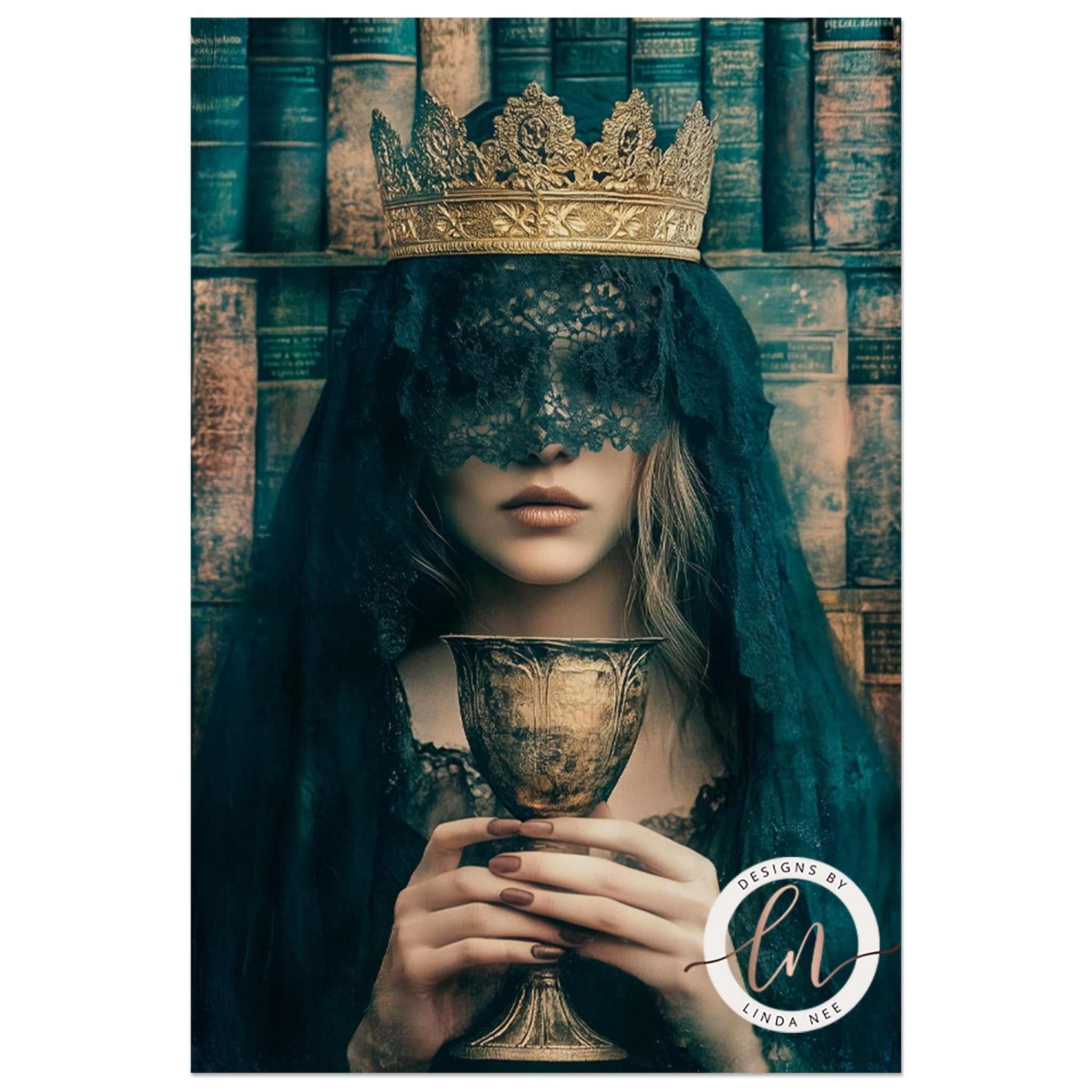 A woman wearing a golden crown and a black veil holds a golden chalice in front of a backdrop of books.