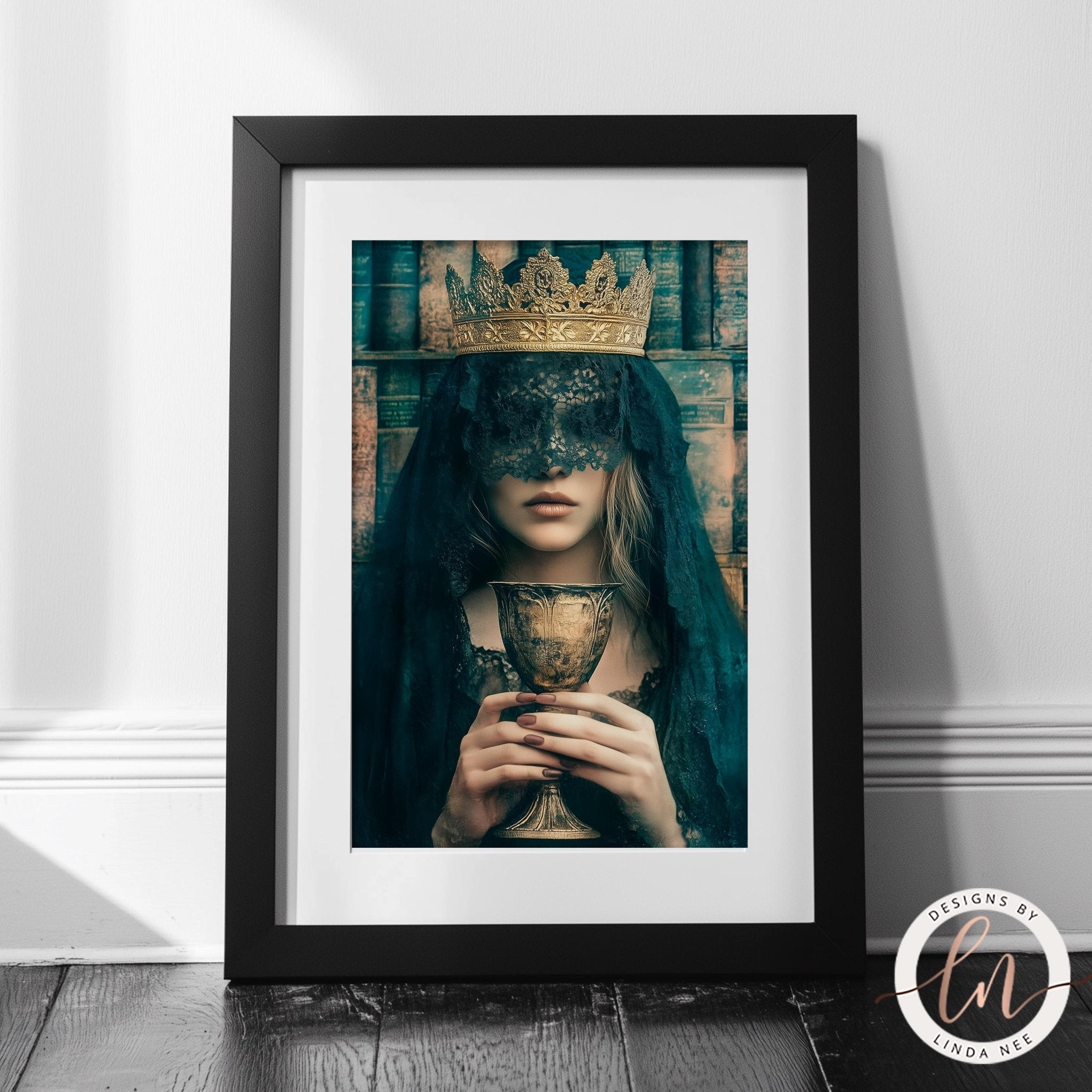 A framed photograph of a woman wearing a crown and a mask, holding a golden chalice, with a dark background.