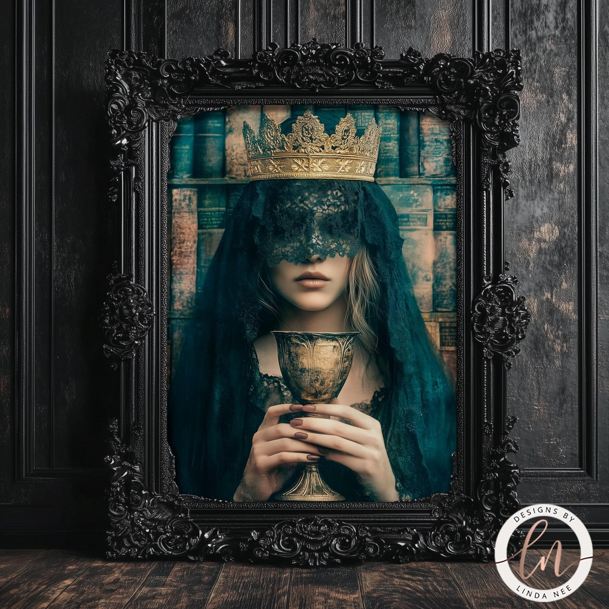 A woman in a dark green veil holds a golden chalice, framed in an ornate black frame against a dark background with bookshelves.