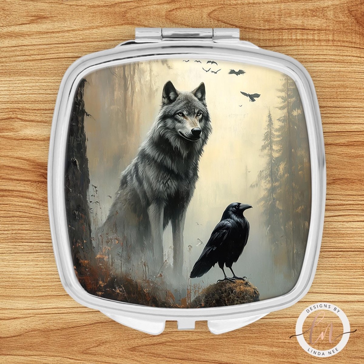 A wolf and a black crow are depicted in a forest setting, with the wolf standing on a rock and the crow perched on a nearby tree branch.