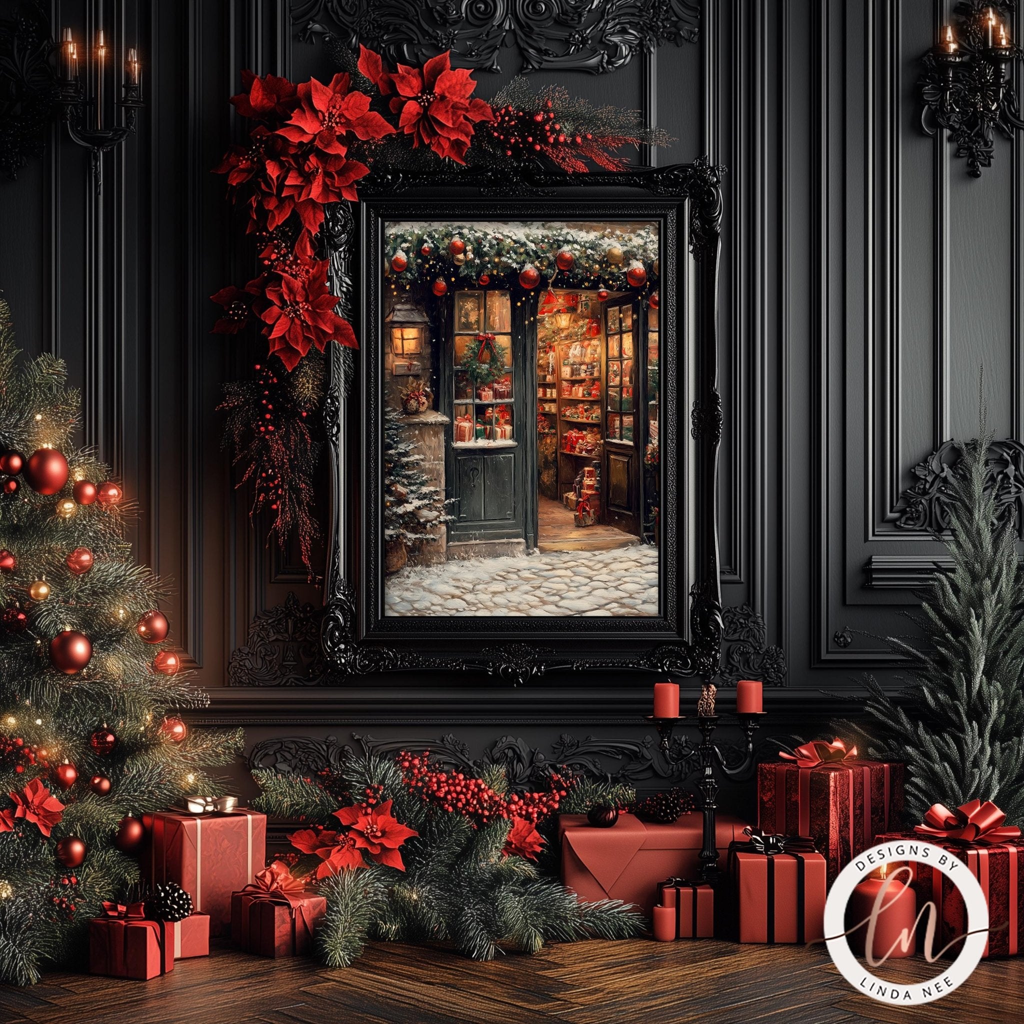 a festive Christmas scene with a beautifully decorated tree, a framed picture of a Christmas village, and a variety of red presents and decorations surrounding the scene.