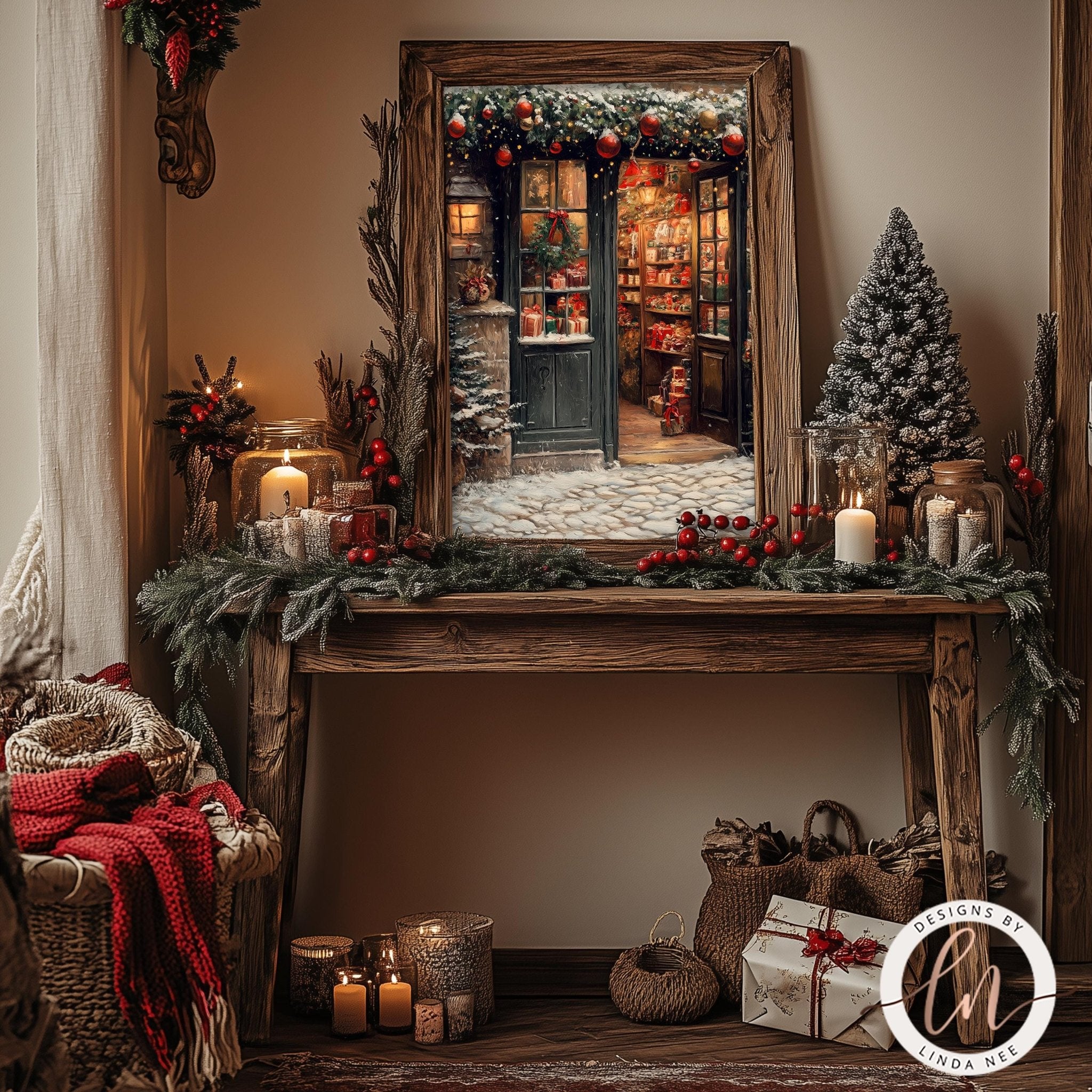 a cozy and festive Christmas scene, featuring a wooden table adorned with holiday decorations such as a wreath, garland, and candles. A framed picture of a Christmas-themed storefront is displayed on the table, adding a touch of holiday charm to the setting. The overall atmosphere of the image conveys a warm and inviting holiday spirit.