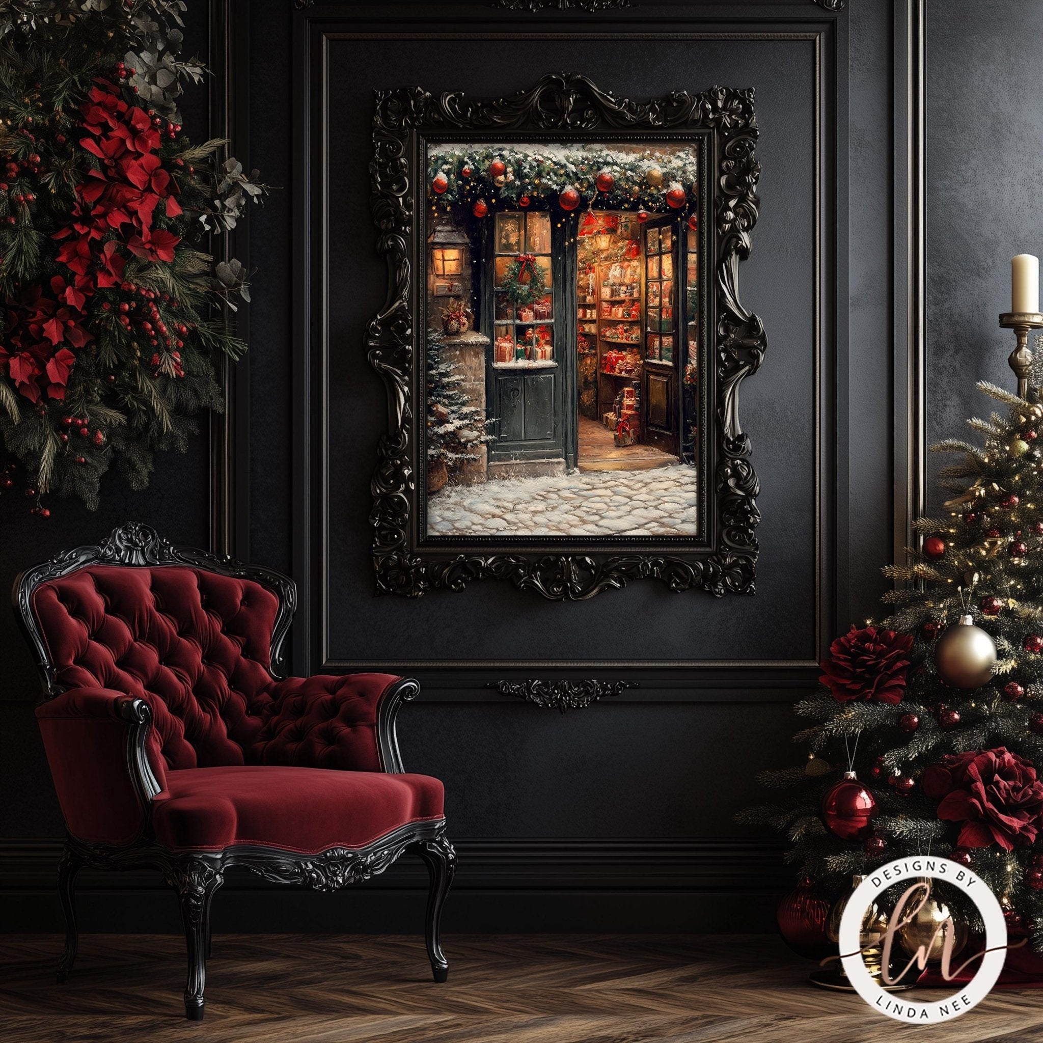 a cozy and festive Christmas scene, with a red velvet armchair, a Christmas tree, and a framed picture of a Christmas shop. The room has dark wood paneling and a black and white color scheme, creating a warm and inviting atmosphere.