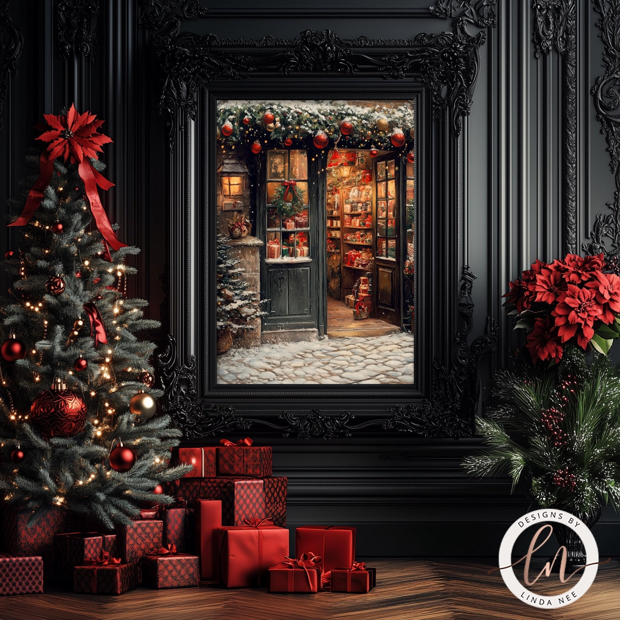a festive Christmas scene with a beautifully decorated tree, a large framed picture of a Christmas shop, and a pile of wrapped gifts.
