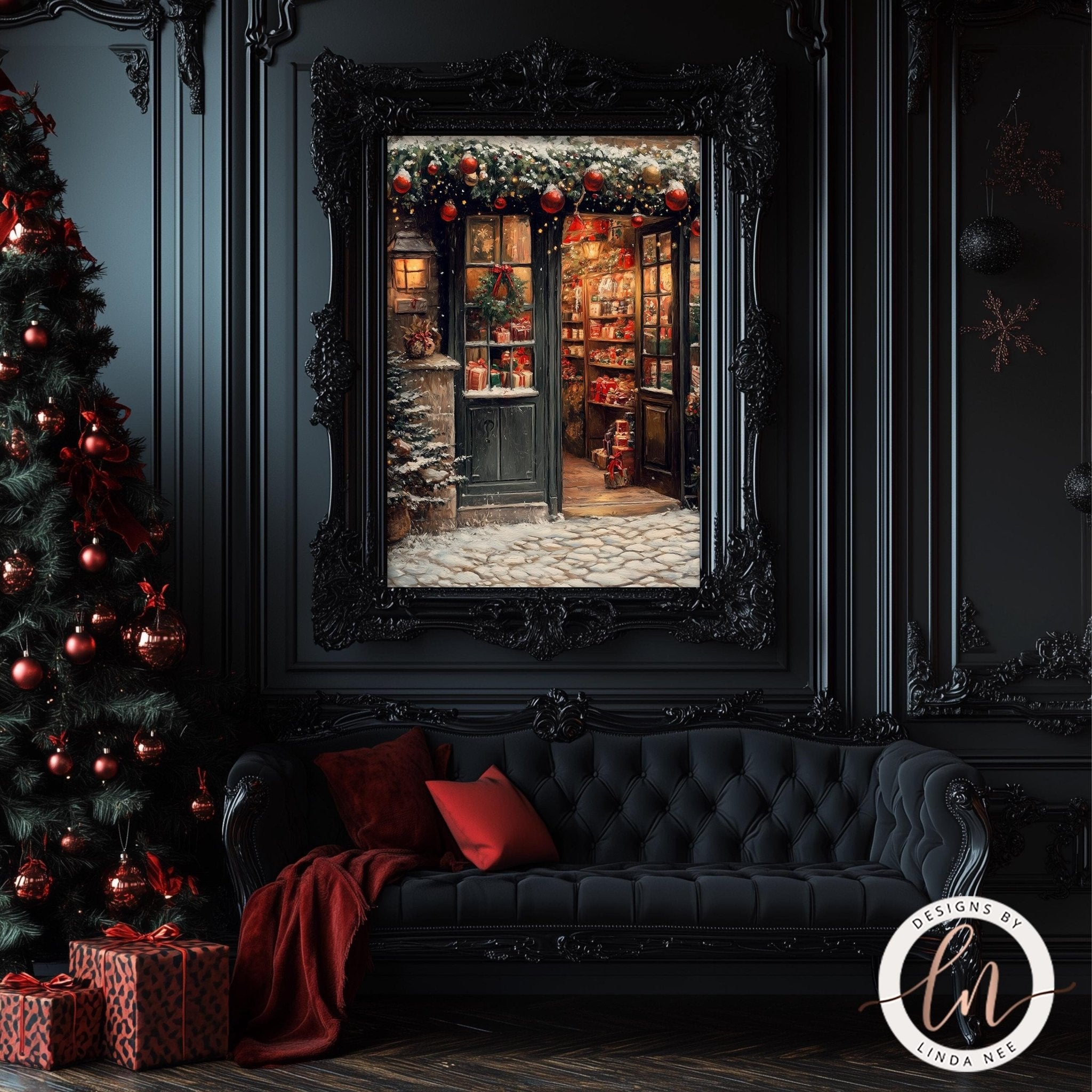 a cozy and festive Christmas scene, featuring a beautifully decorated Christmas tree, a black sofa with red pillows, and a large framed picture of a Christmas-themed storefront.