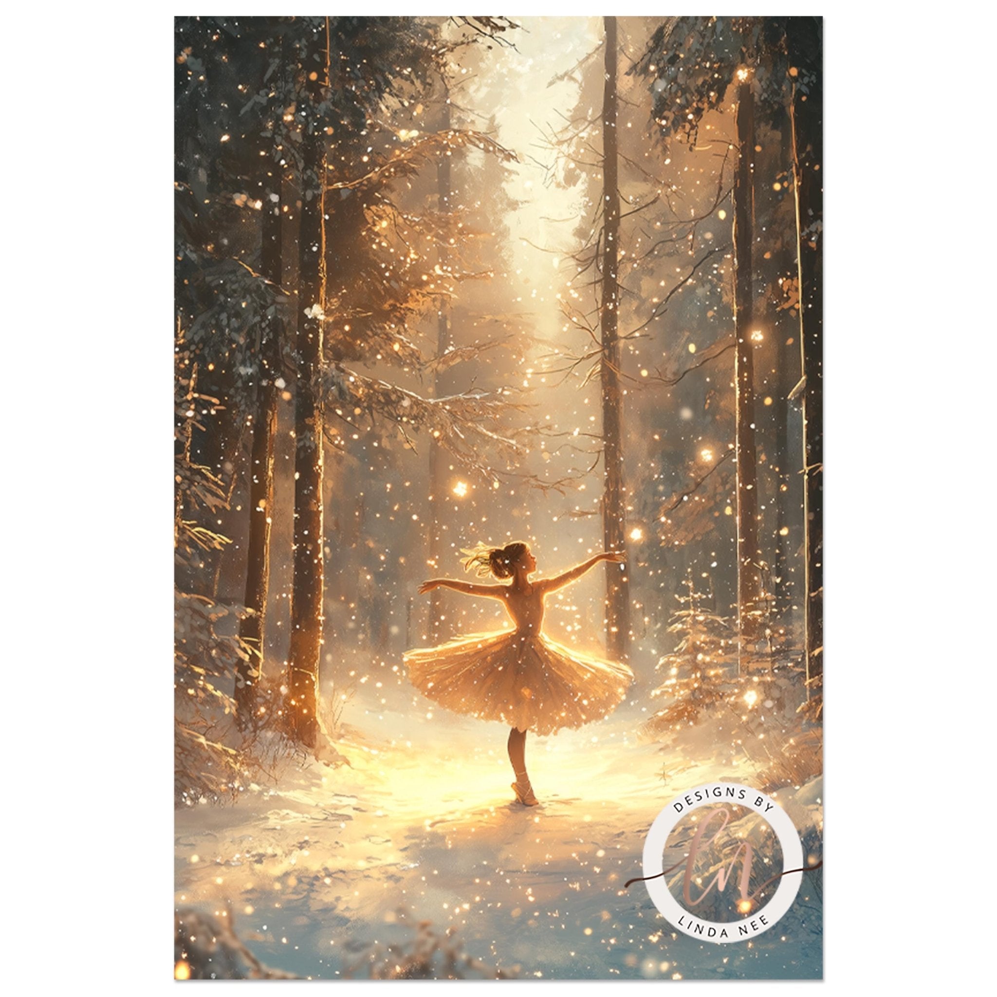A young girl in a tutu dances gracefully in a snowy forest, surrounded by falling snowflakes and illuminated by the warm glow of the sun filtering through the trees.