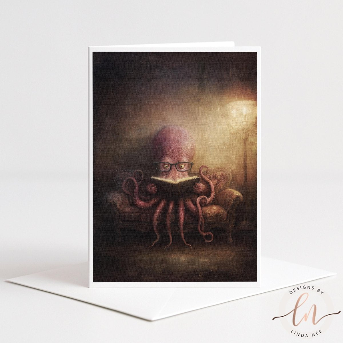 An octopus is sitting on a couch and reading a book, with its tentacles wrapped around the book.