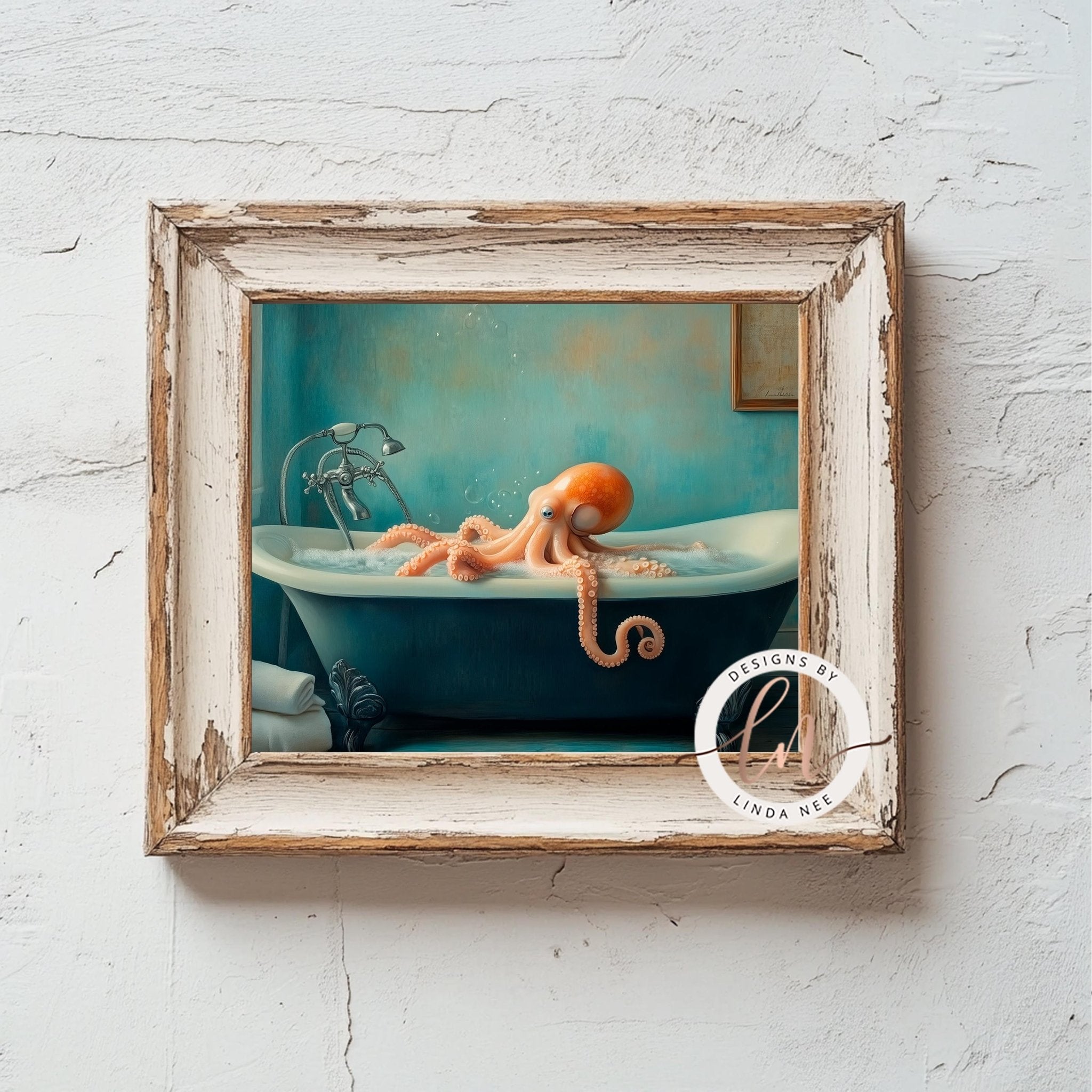 A framed painting depicting an orange octopus sitting in a blue bathtub, with a white wall and a white door in the background.