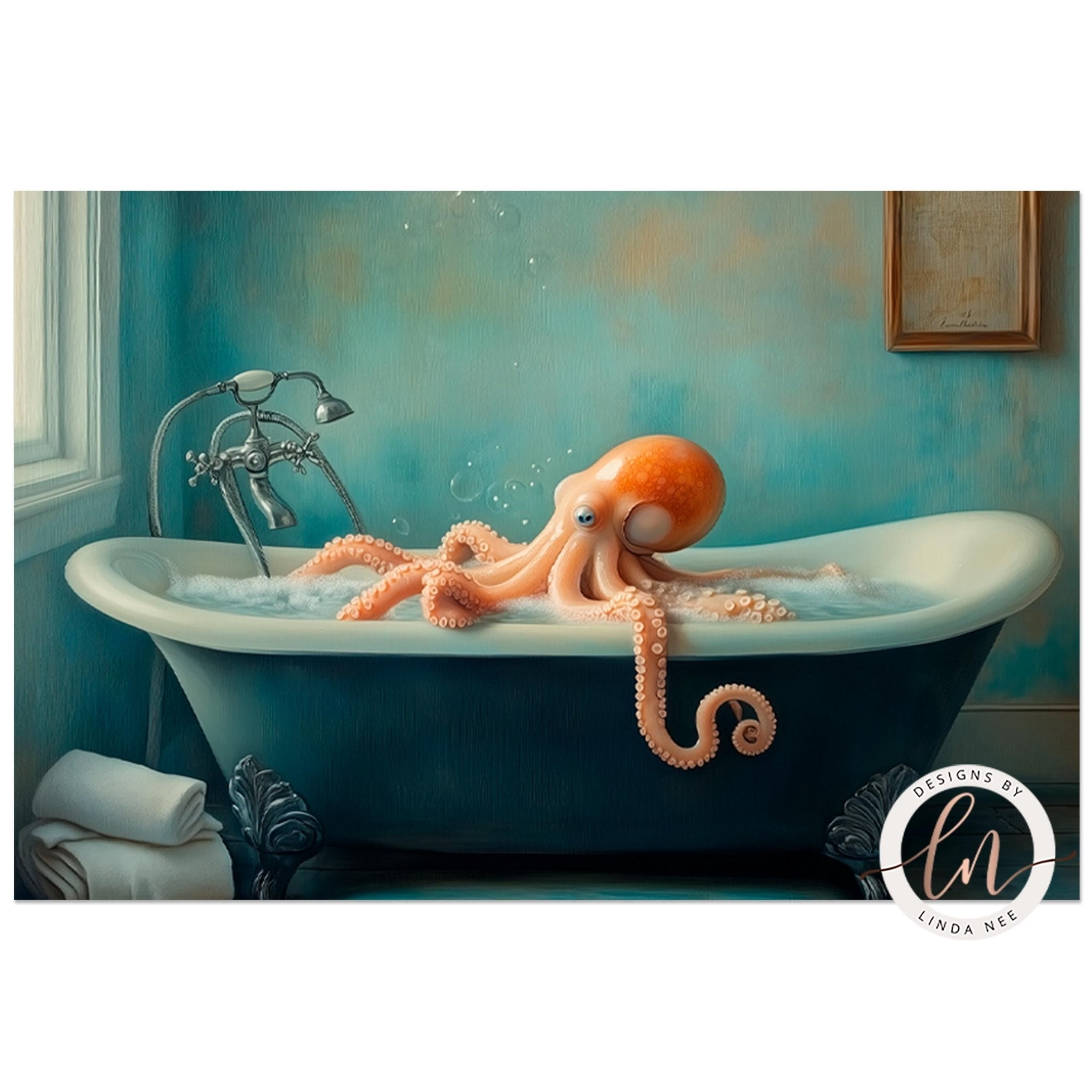 An orange octopus is relaxing in a bathtub filled with water, surrounded by a blue and green color scheme.