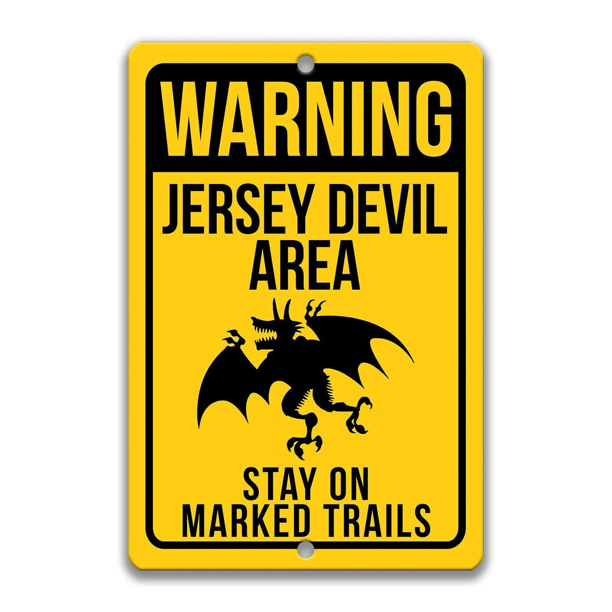 Official warning Jersey Devil metal sign, distressed weathered finish, bold Jersey Devil silhouette with fair-warning messaging