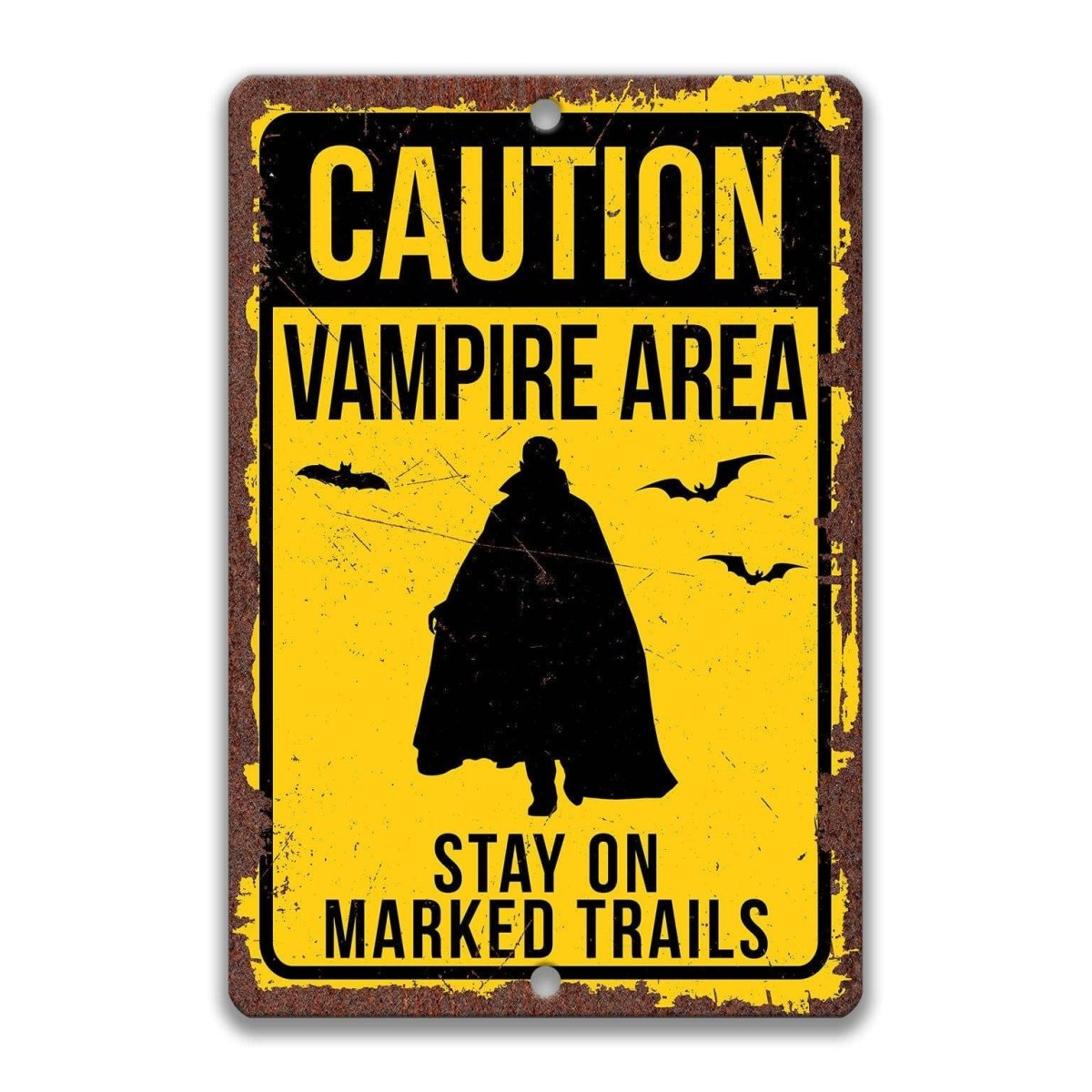 Official warning Vampire sign, rustic weathered finish, bold caped vampire silhouette with warning text