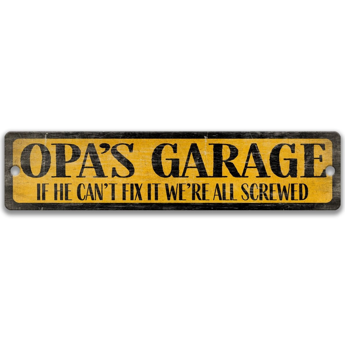 The image is a sign with the text "OPA'S GARAGE" in black letters on a yellow background.