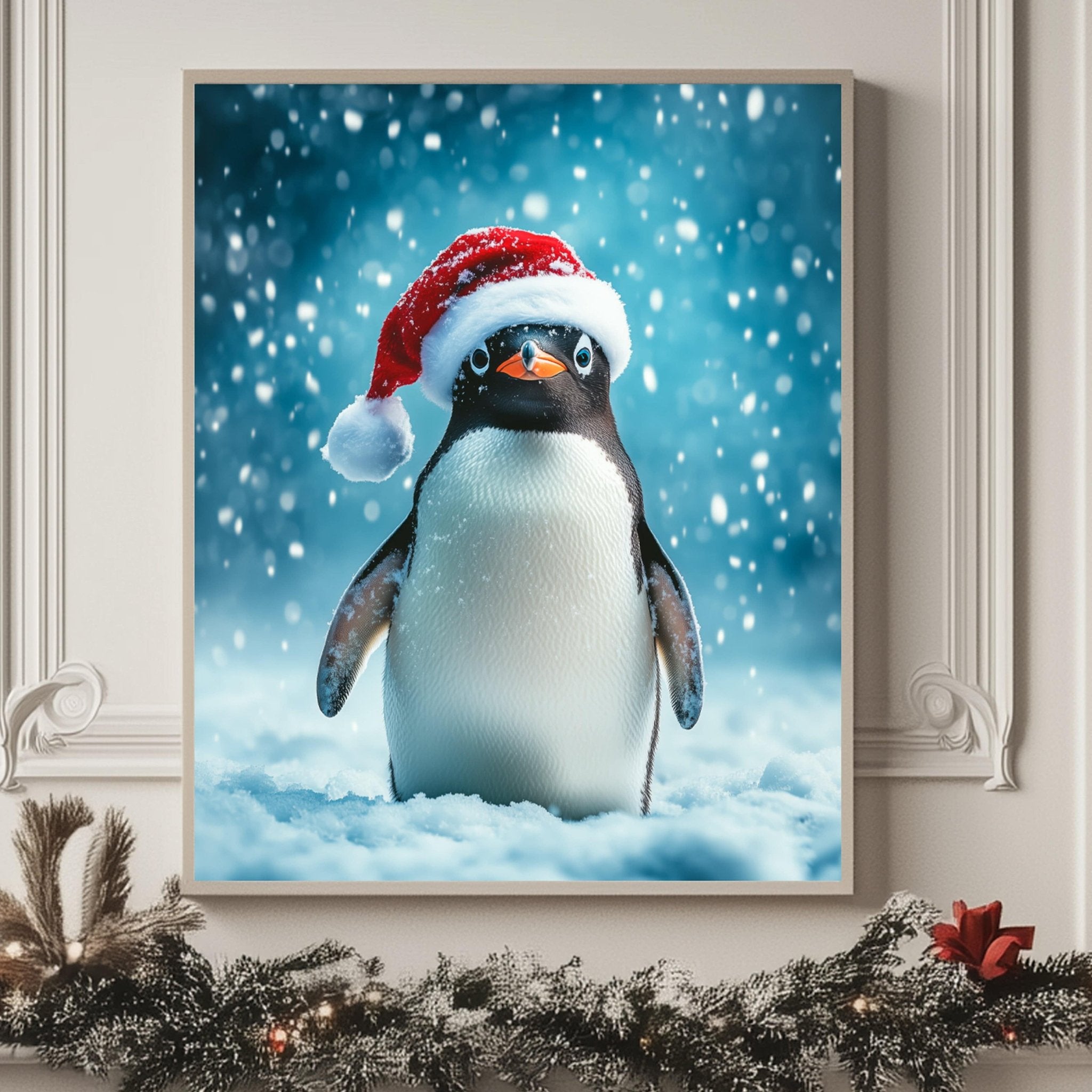 A penguin wearing a red Santa hat stands in the snow, surrounded by a snowy landscape and falling snowflakes.