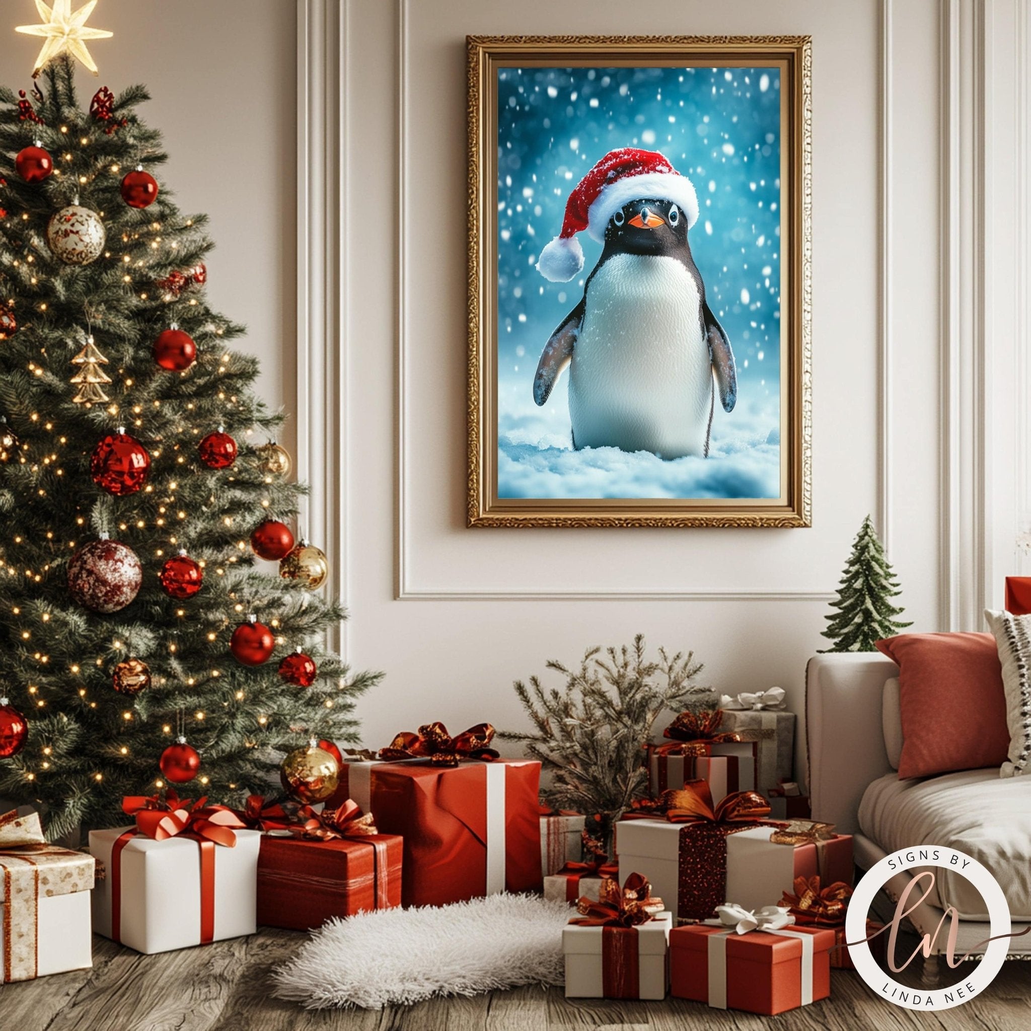 a cozy Christmas scene with a decorated Christmas tree, a framed picture of a penguin wearing a Santa hat, and a couch with wrapped gifts underneath.