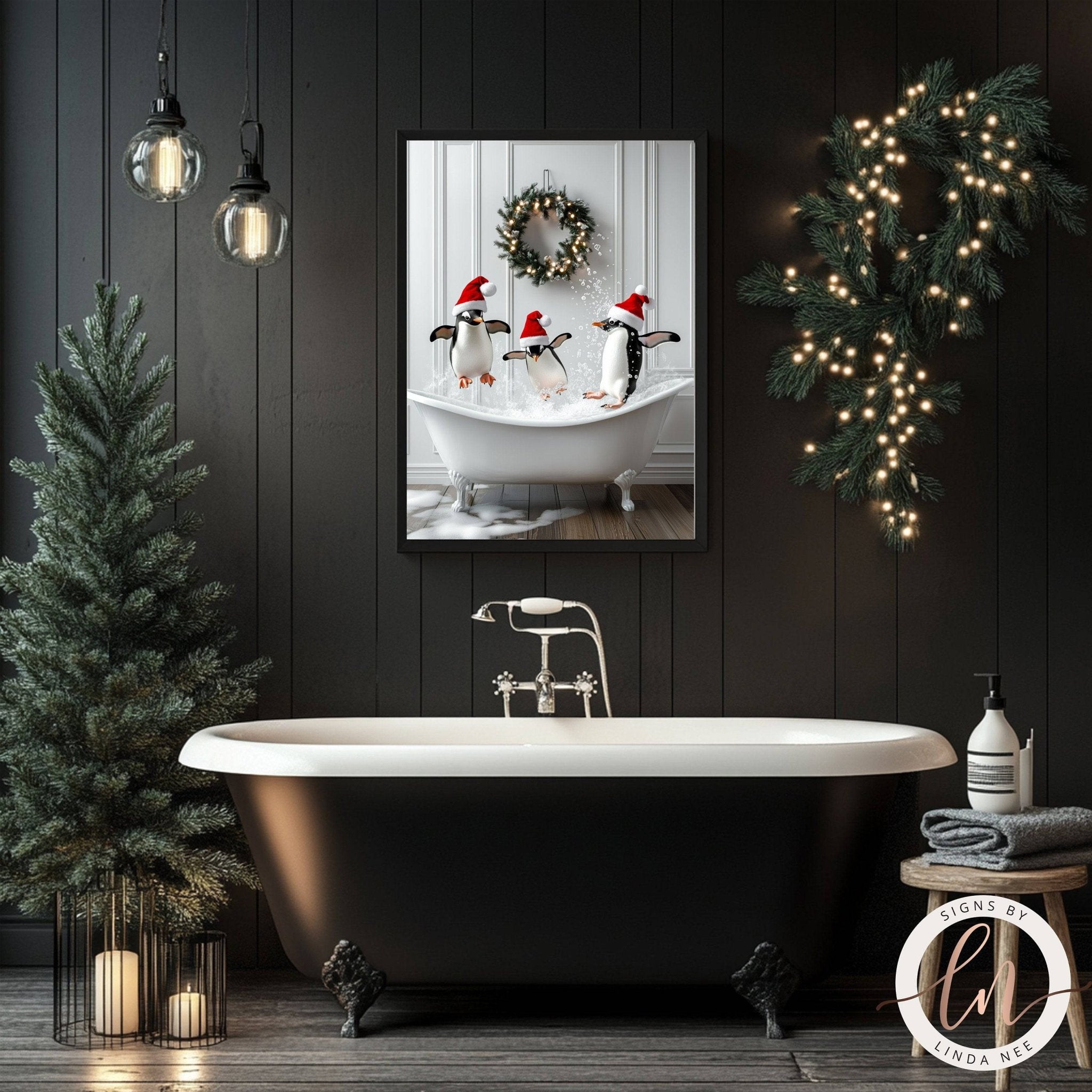 a black clawfoot bathtub with three penguins wearing Santa hats, surrounded by holiday decorations such as a wreath and twinkling lights.