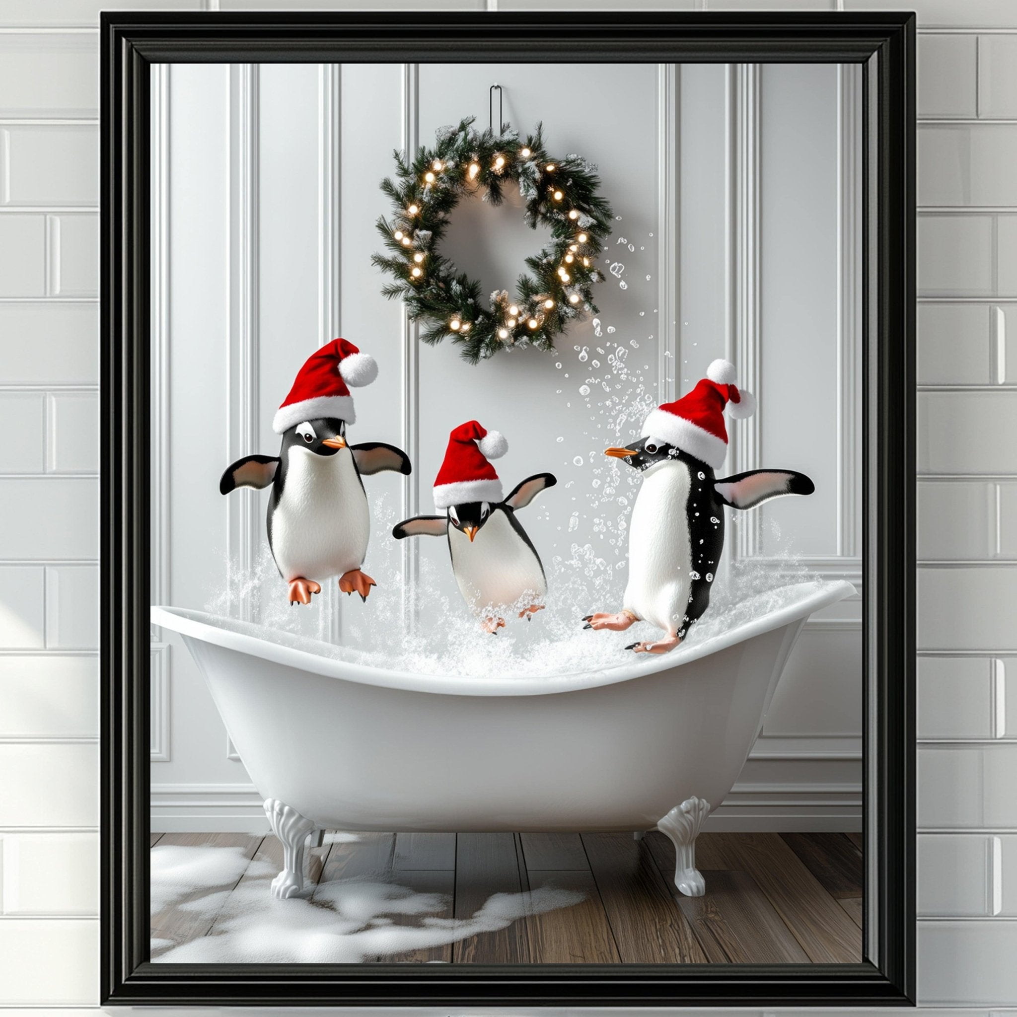 A framed image depicting three penguins wearing Santa hats, standing in a bathtub filled with water, with a wreath hanging on the wall behind them.