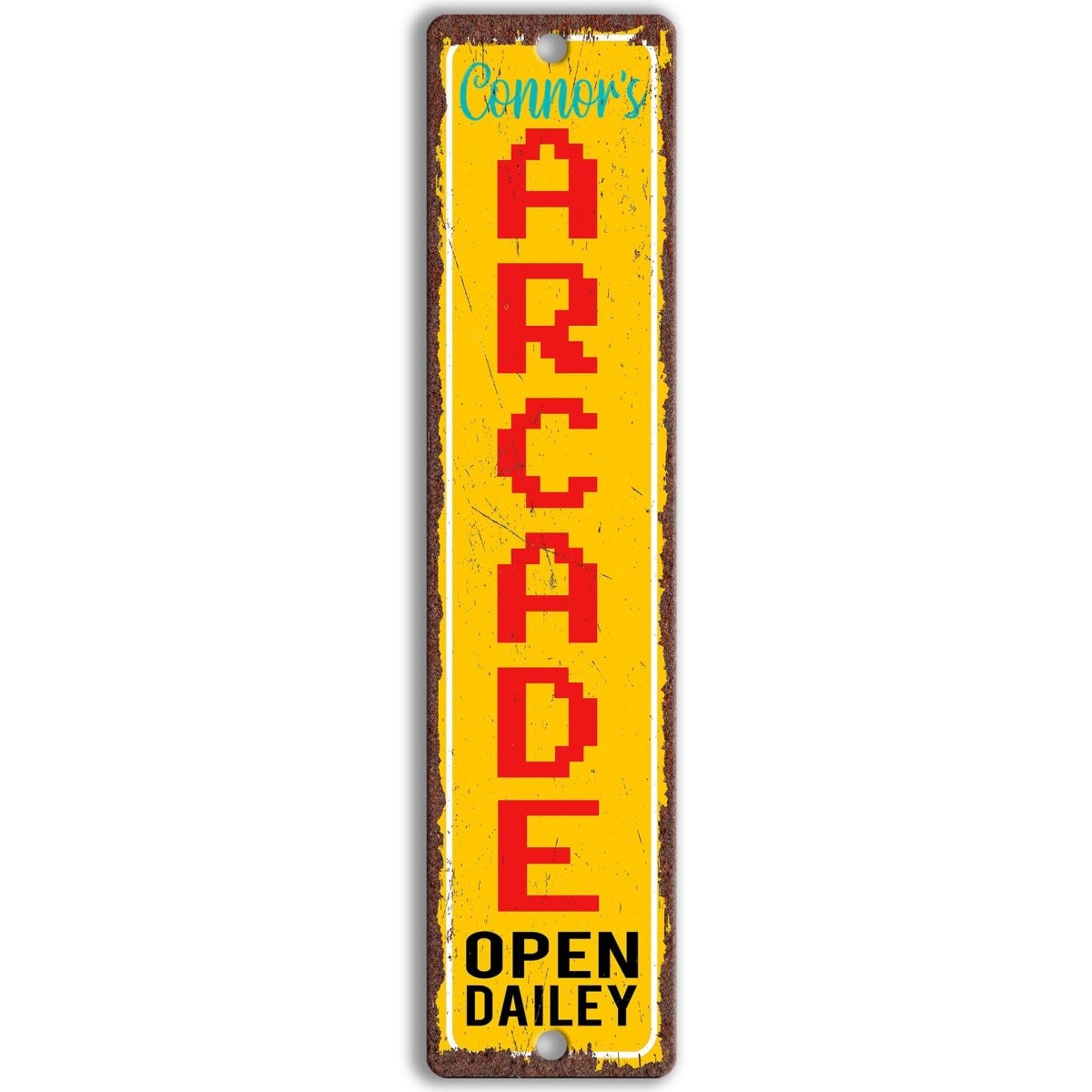 A vertical sign with the word "ARCADE" in large red letters, with the word "OPEN" in smaller black letters below it. The sign has a distressed, weathered appearance with a yellow background.