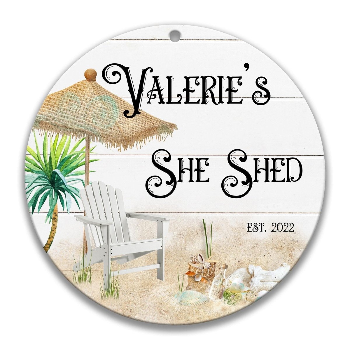 a beach scene with a beach chair, a thatched umbrella, and palm trees.