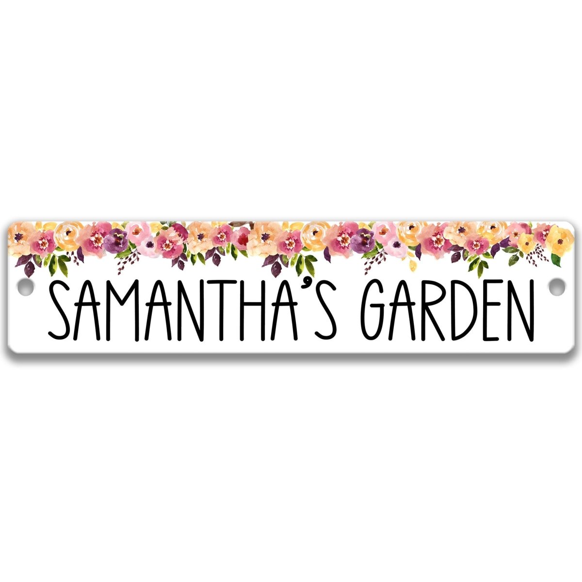 A rectangular sign with the text "SAMANTHA'S GARDEN" written on it.