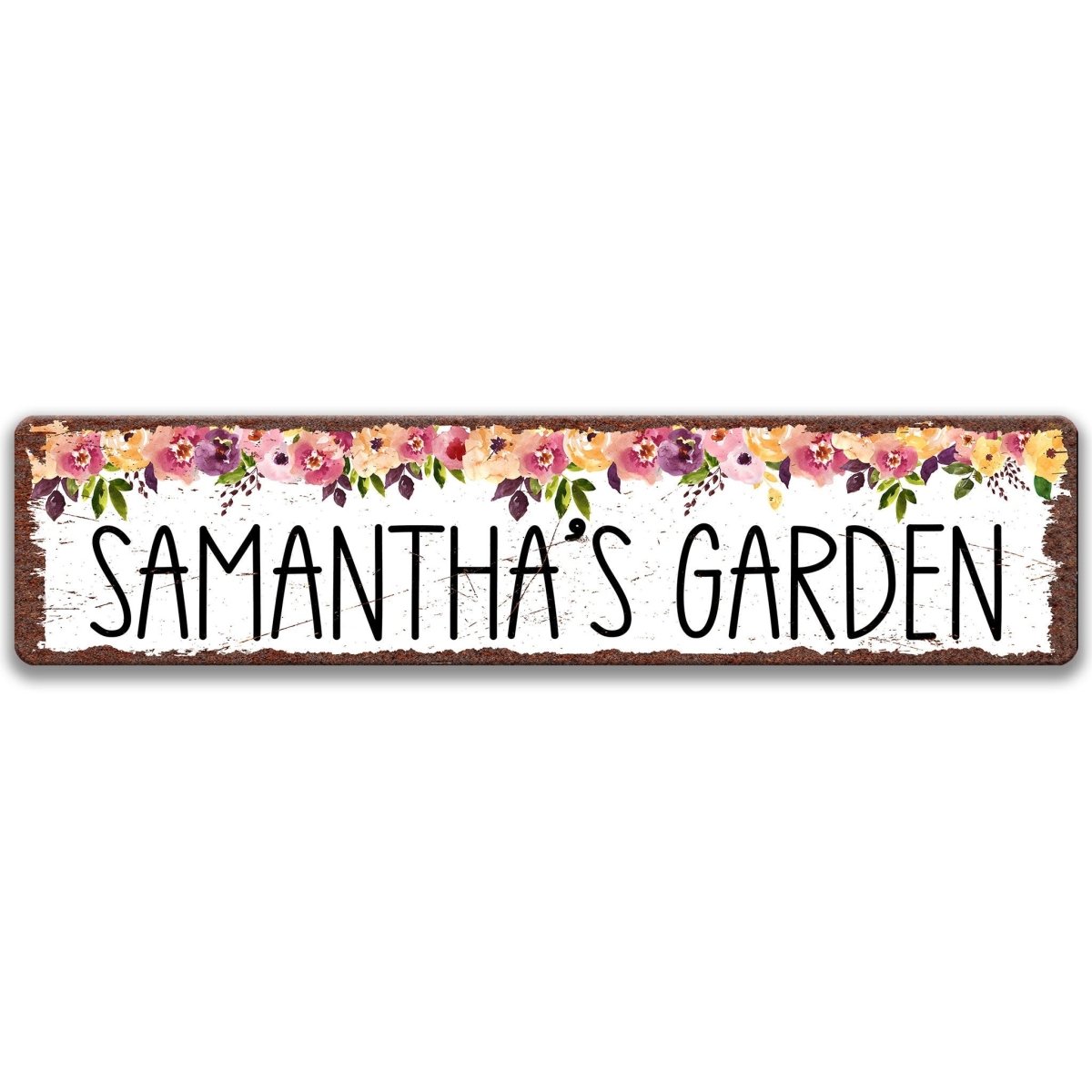 A rectangular sign with the text "SAMANTHA'S GARDEN" written on it.