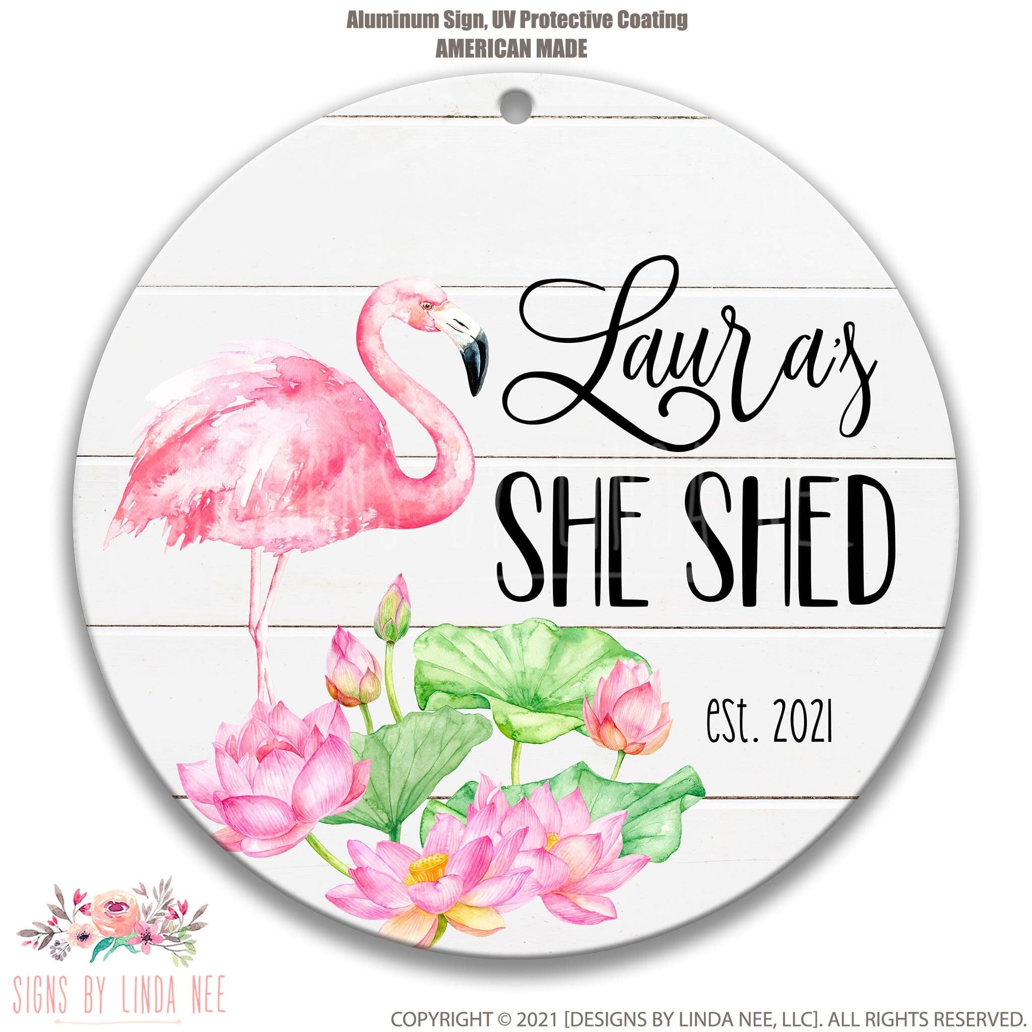 Personalized She Shed Sign with Pink Flamingo and Tropical Flowers