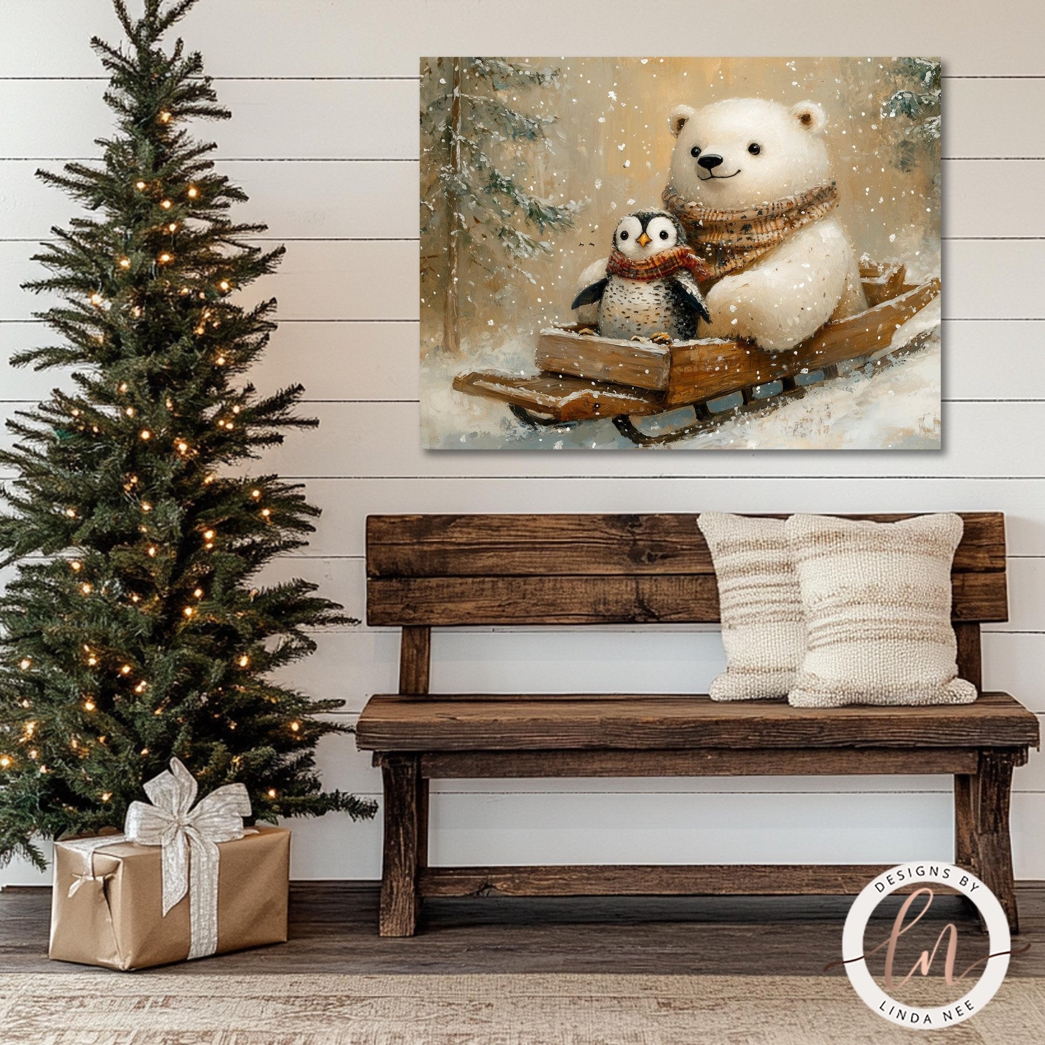 a cozy Christmas scene with a wooden bench, a decorated Christmas tree, and a bear and a penguin on a sled.