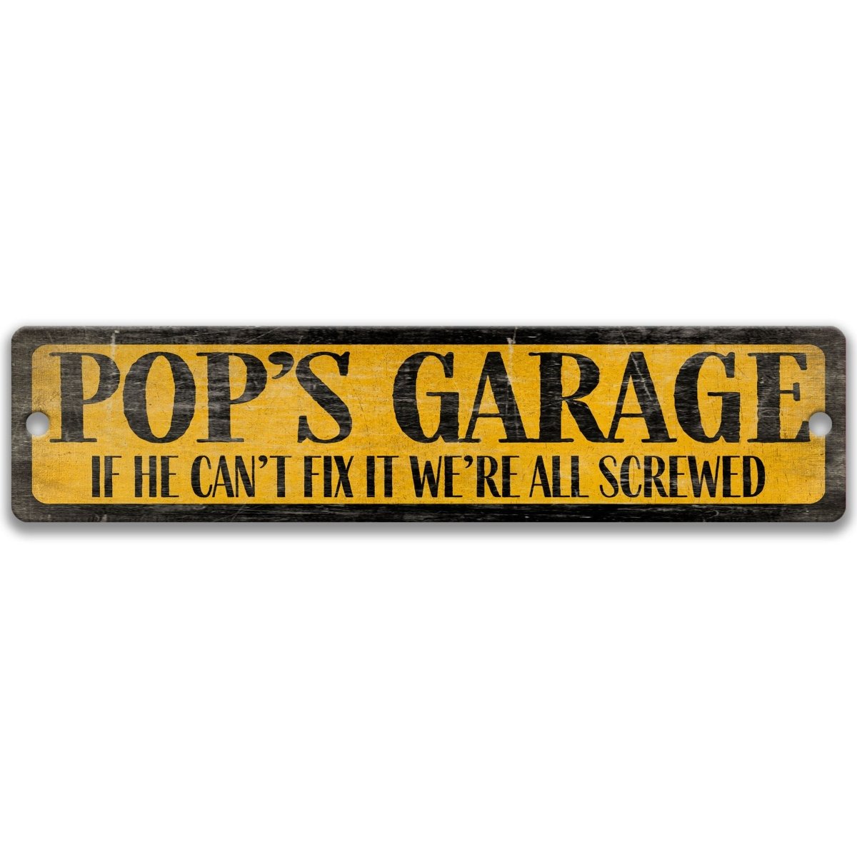 a sign with the text "POP'S GARAGE" in bold black letters on a yellow background.