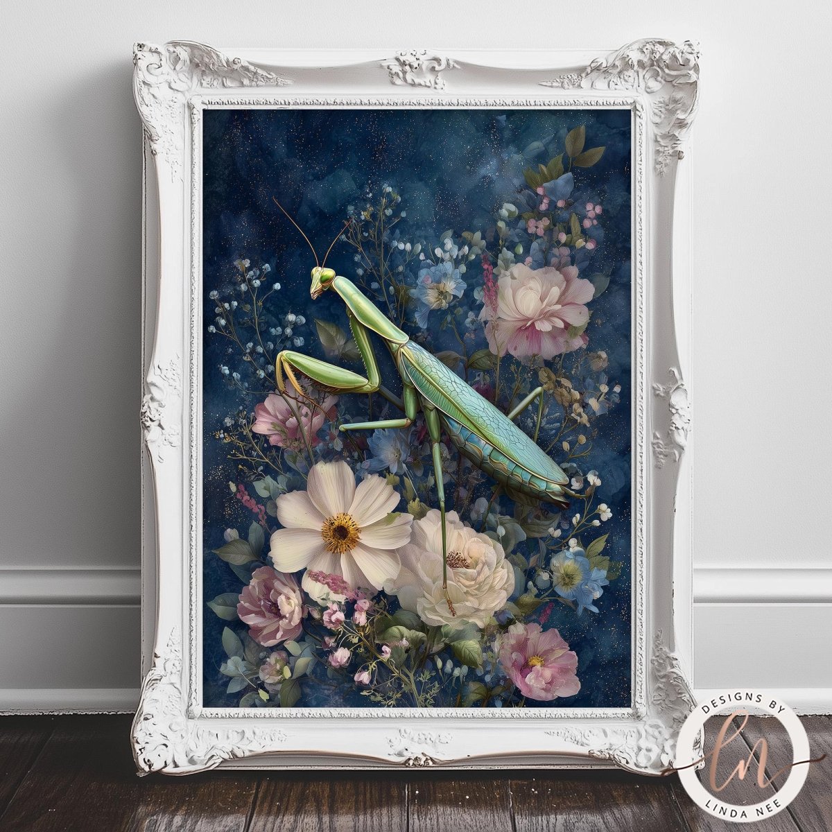 A framed painting depicting a praying mantis surrounded by a vibrant floral arrangement.